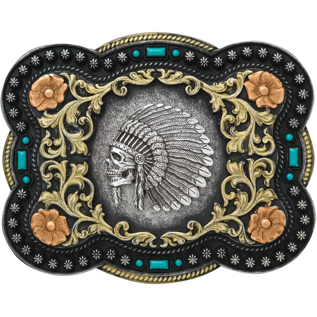 M&F Western Antiqued Silver Chief Skull with Floral Scroll Belt Buckle