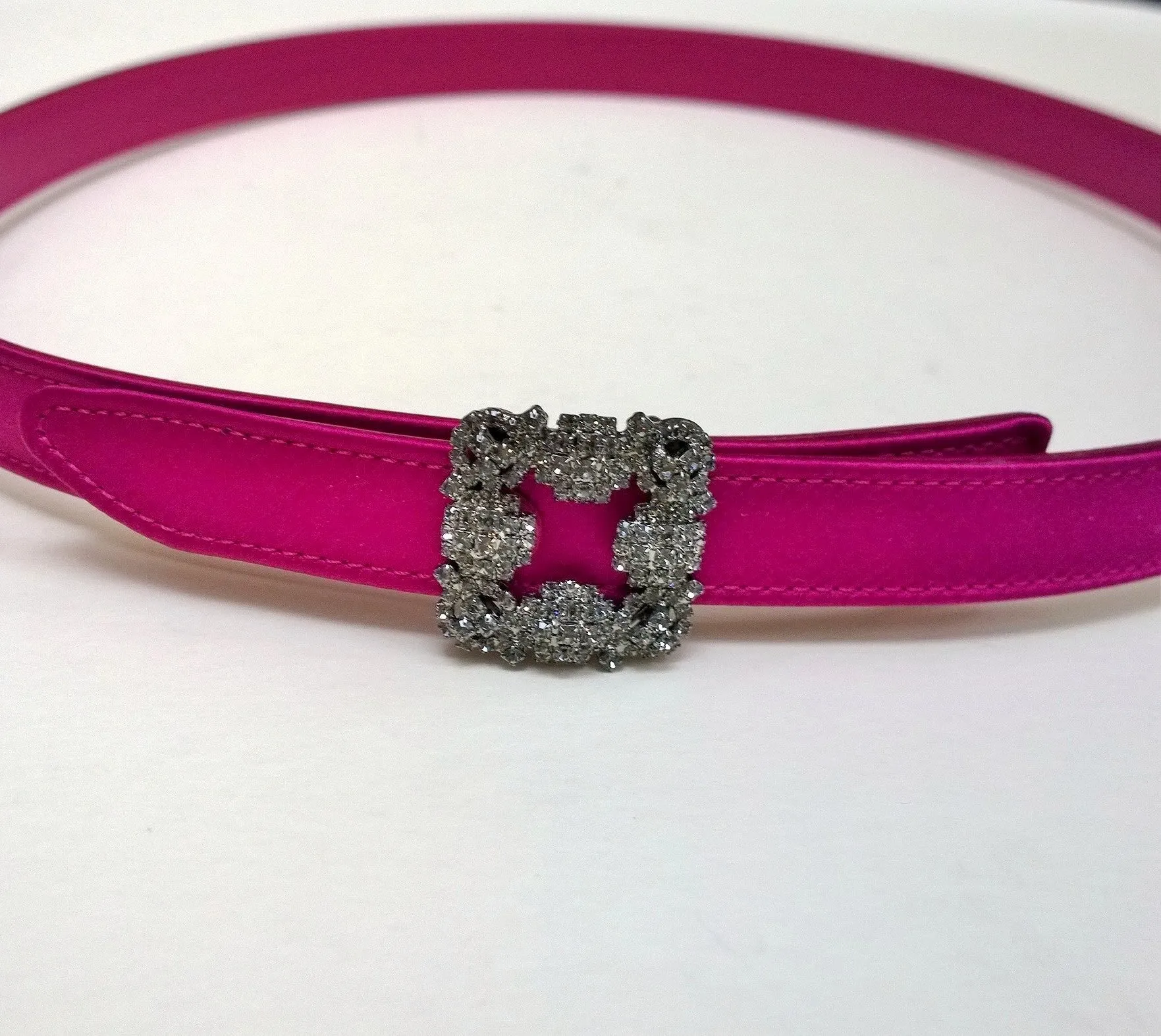 Manolo Blahnik Hangisi Mini Fuchsia Satin Rhinestone Buckle Belt 20mm Dark Pink