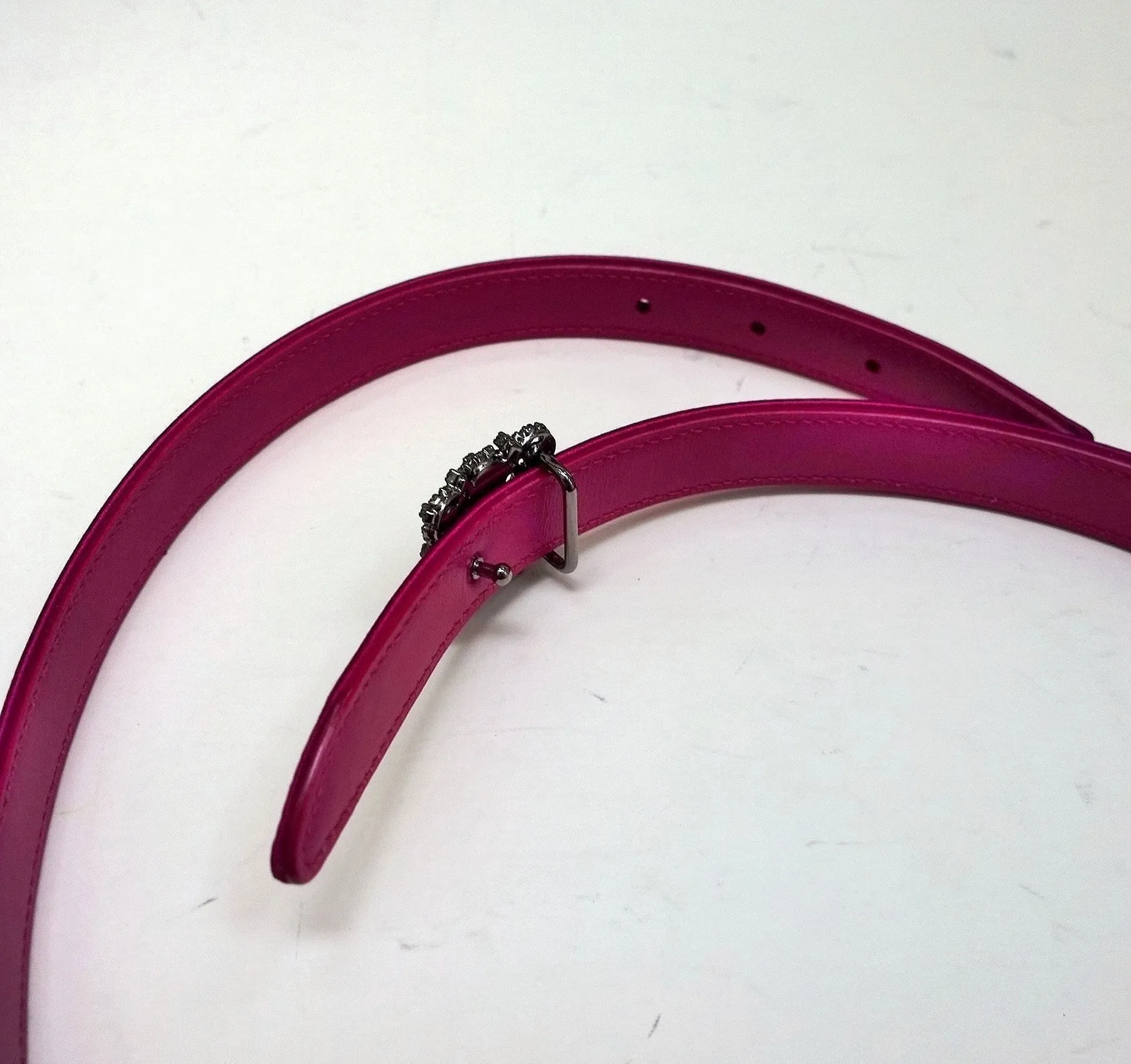 Manolo Blahnik Hangisi Mini Fuchsia Satin Rhinestone Buckle Belt 20mm Dark Pink