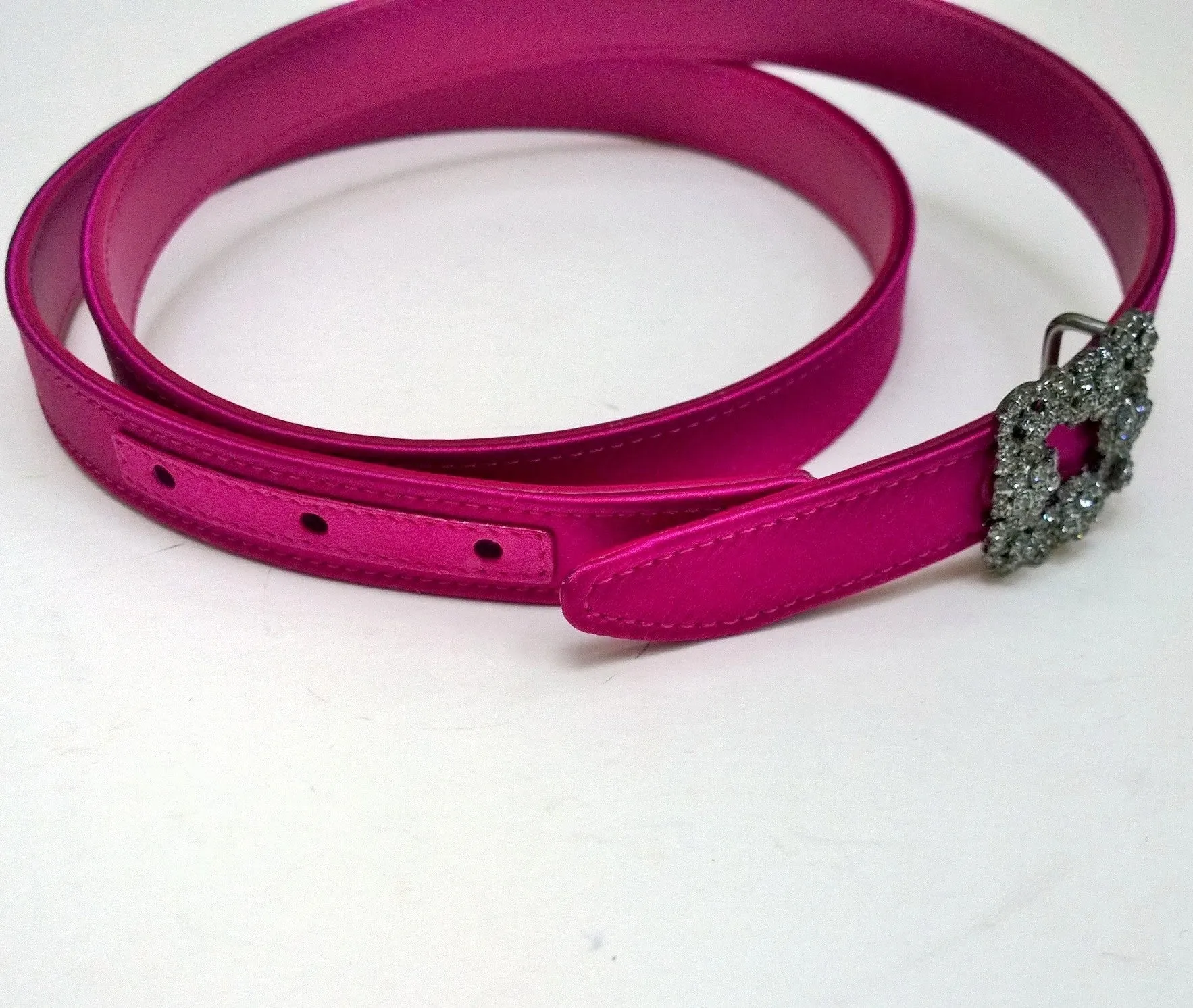 Manolo Blahnik Hangisi Mini Fuchsia Satin Rhinestone Buckle Belt 20mm Dark Pink