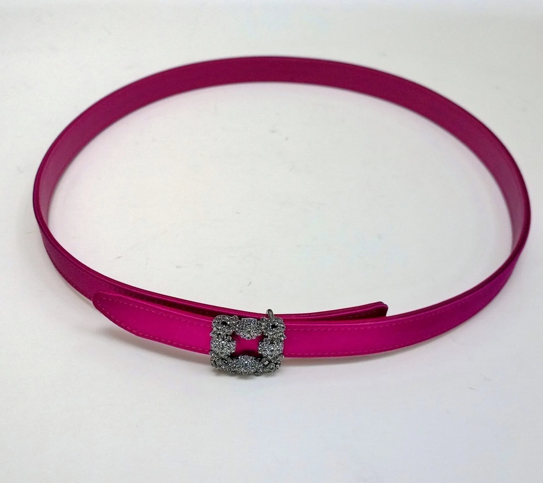 Manolo Blahnik Hangisi Mini Fuchsia Satin Rhinestone Buckle Belt 20mm Dark Pink