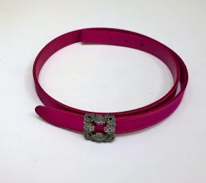 Manolo Blahnik Hangisi Mini Fuchsia Satin Rhinestone Buckle Belt 20mm Dark Pink
