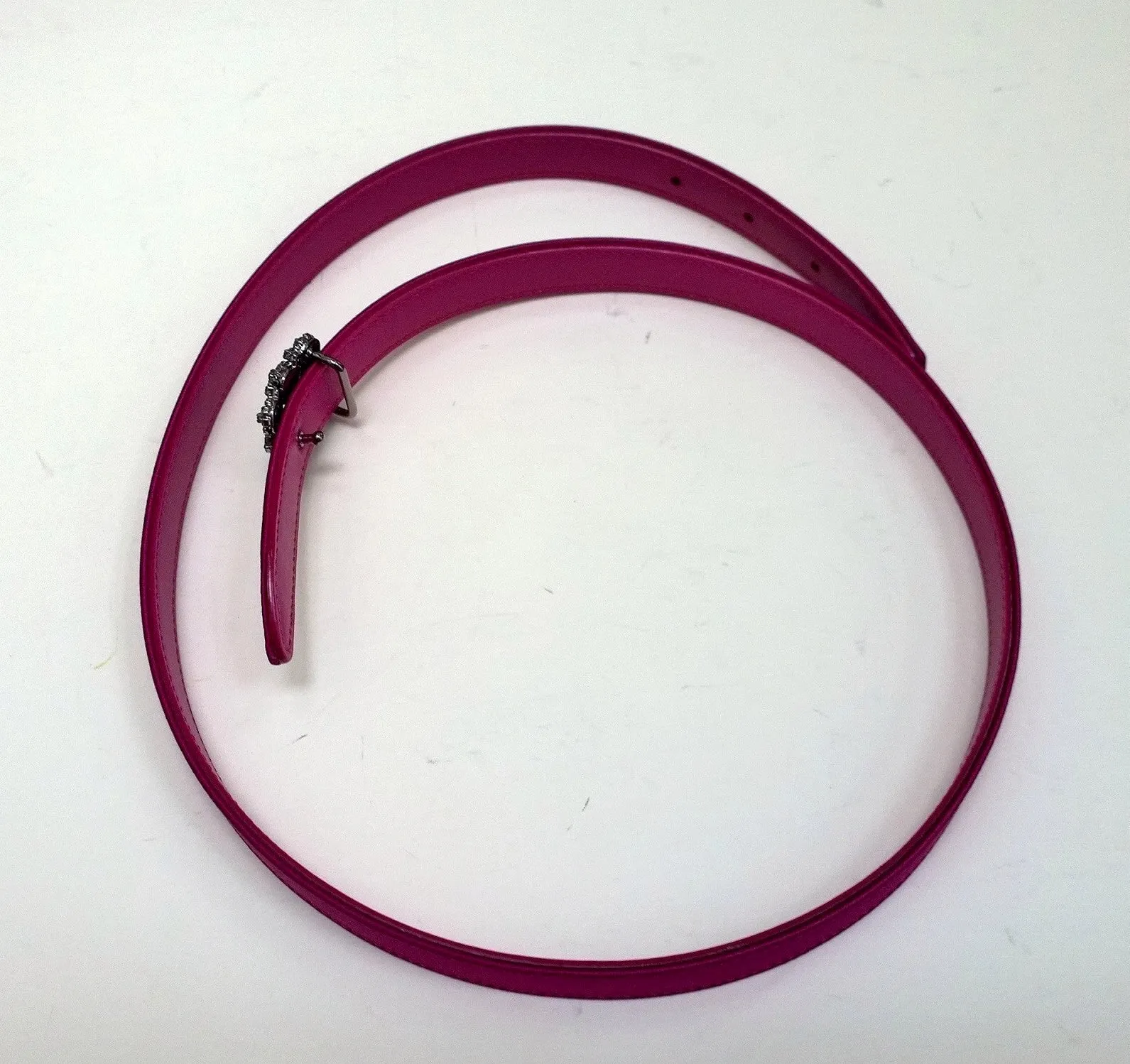 Manolo Blahnik Hangisi Mini Fuchsia Satin Rhinestone Buckle Belt 20mm Dark Pink
