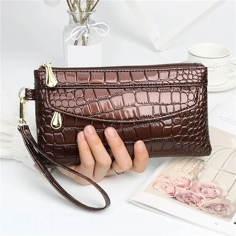 Mavis Crocodile Double Zipper Clutch