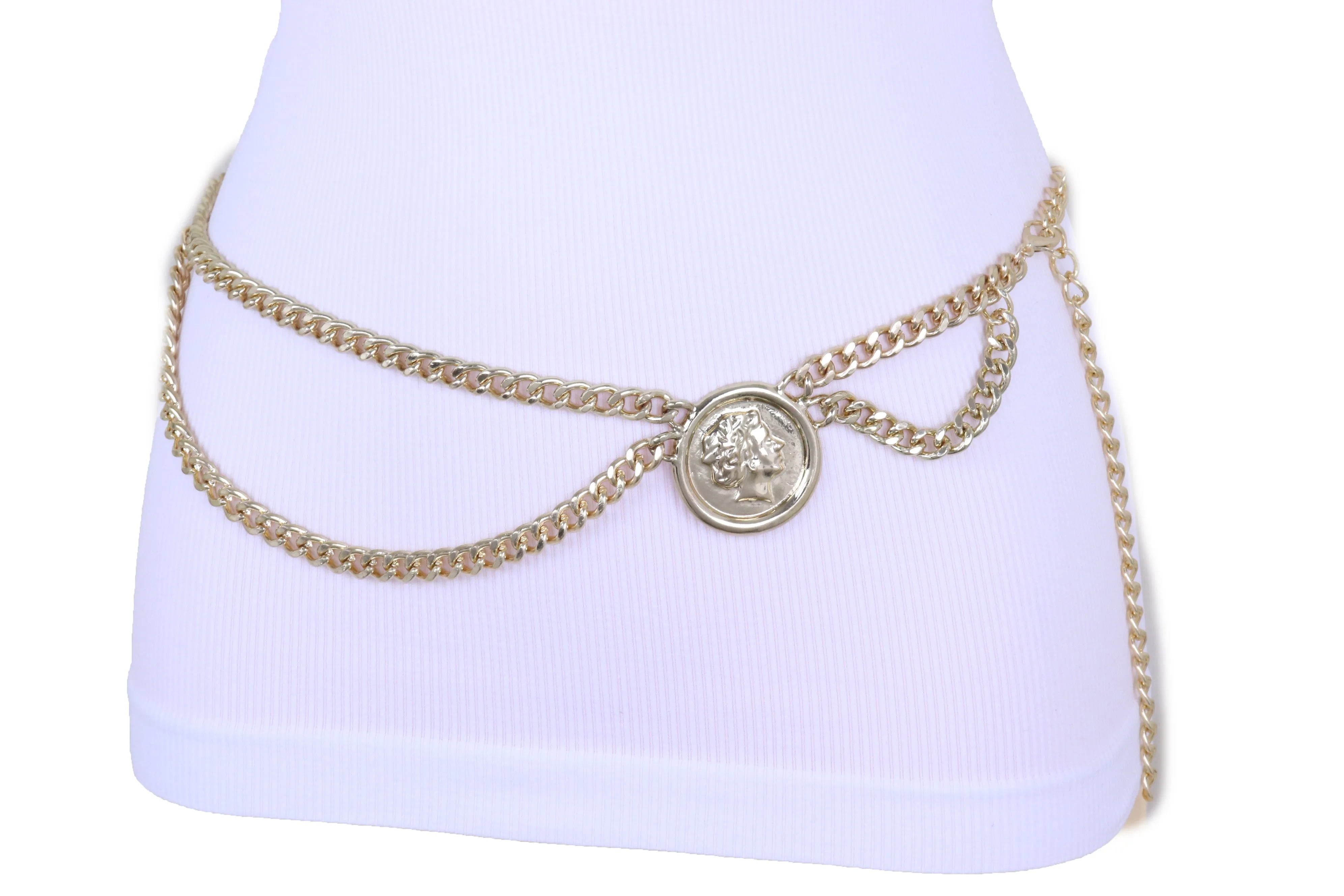 Medallion Coin Charm Side Wave Gold Metal Chain Belt