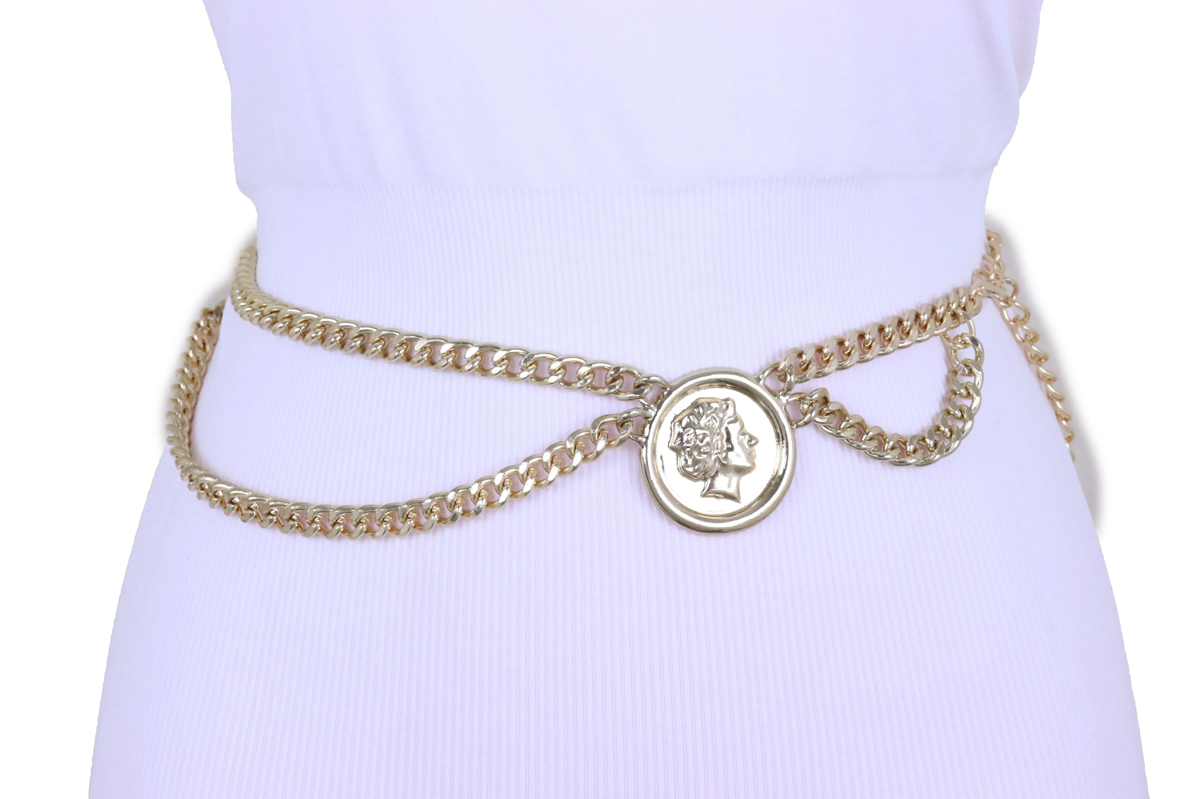 Medallion Coin Charm Side Wave Gold Metal Chain Belt