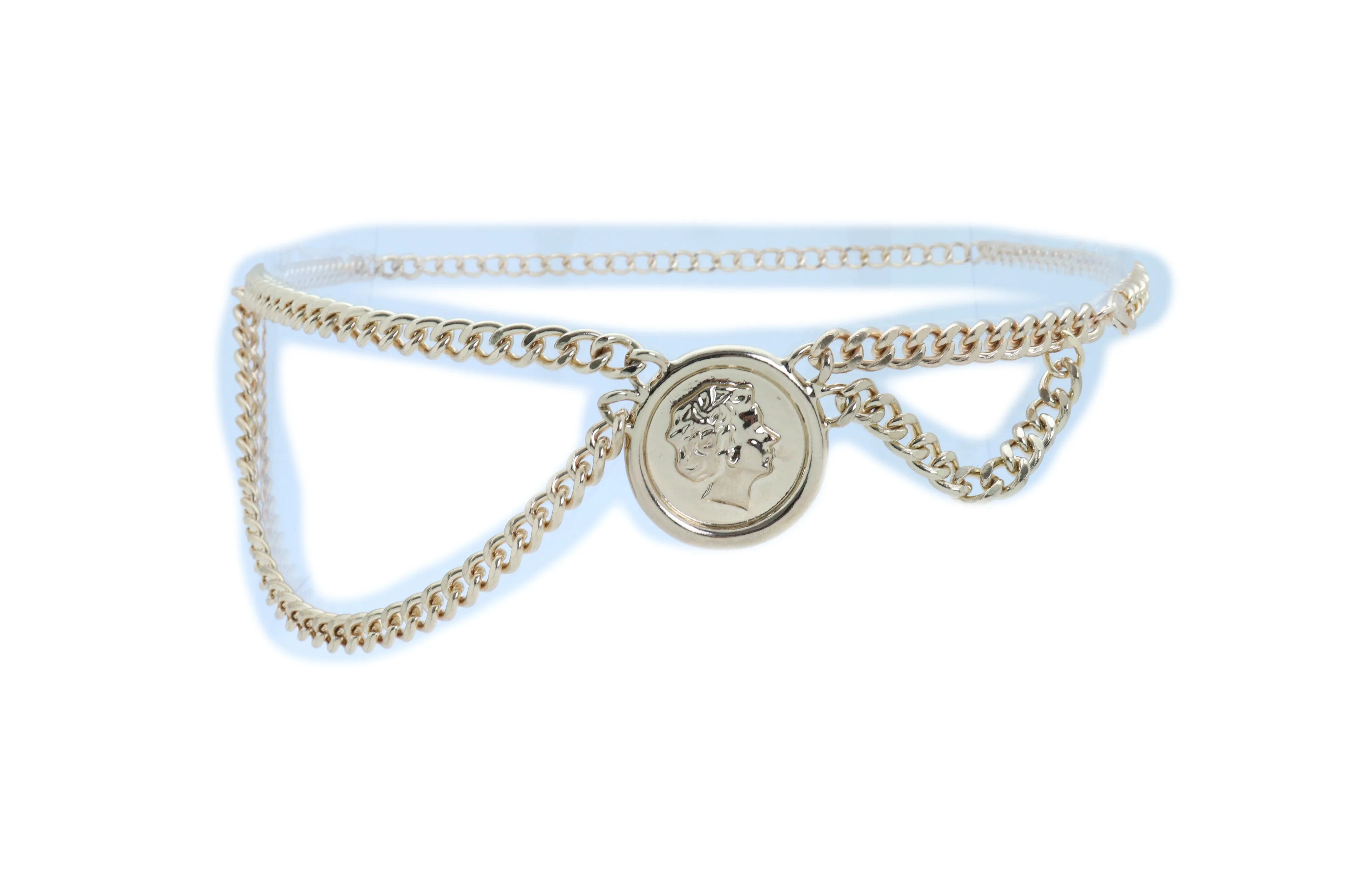Medallion Coin Charm Side Wave Gold Metal Chain Belt