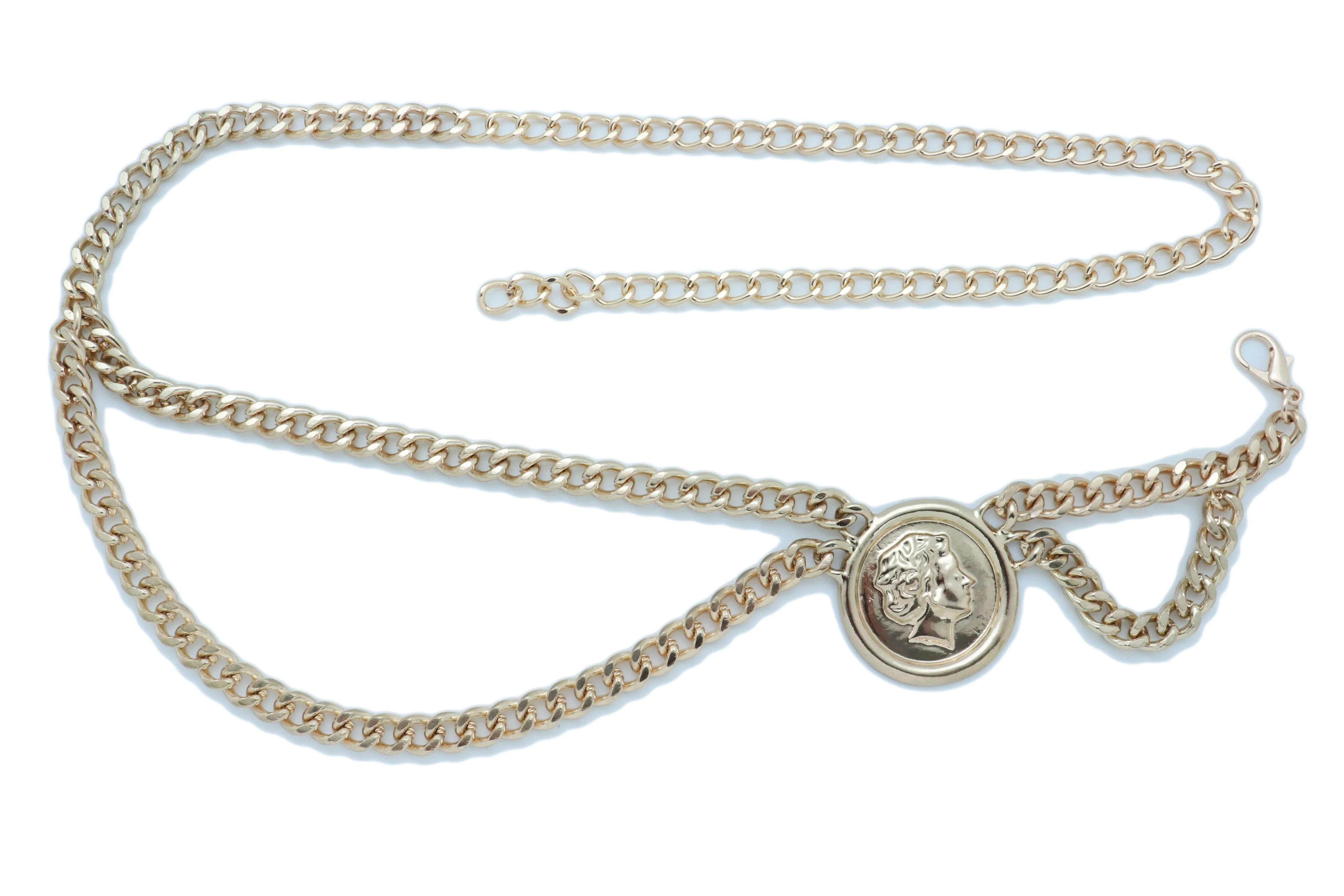 Medallion Coin Charm Side Wave Gold Metal Chain Belt