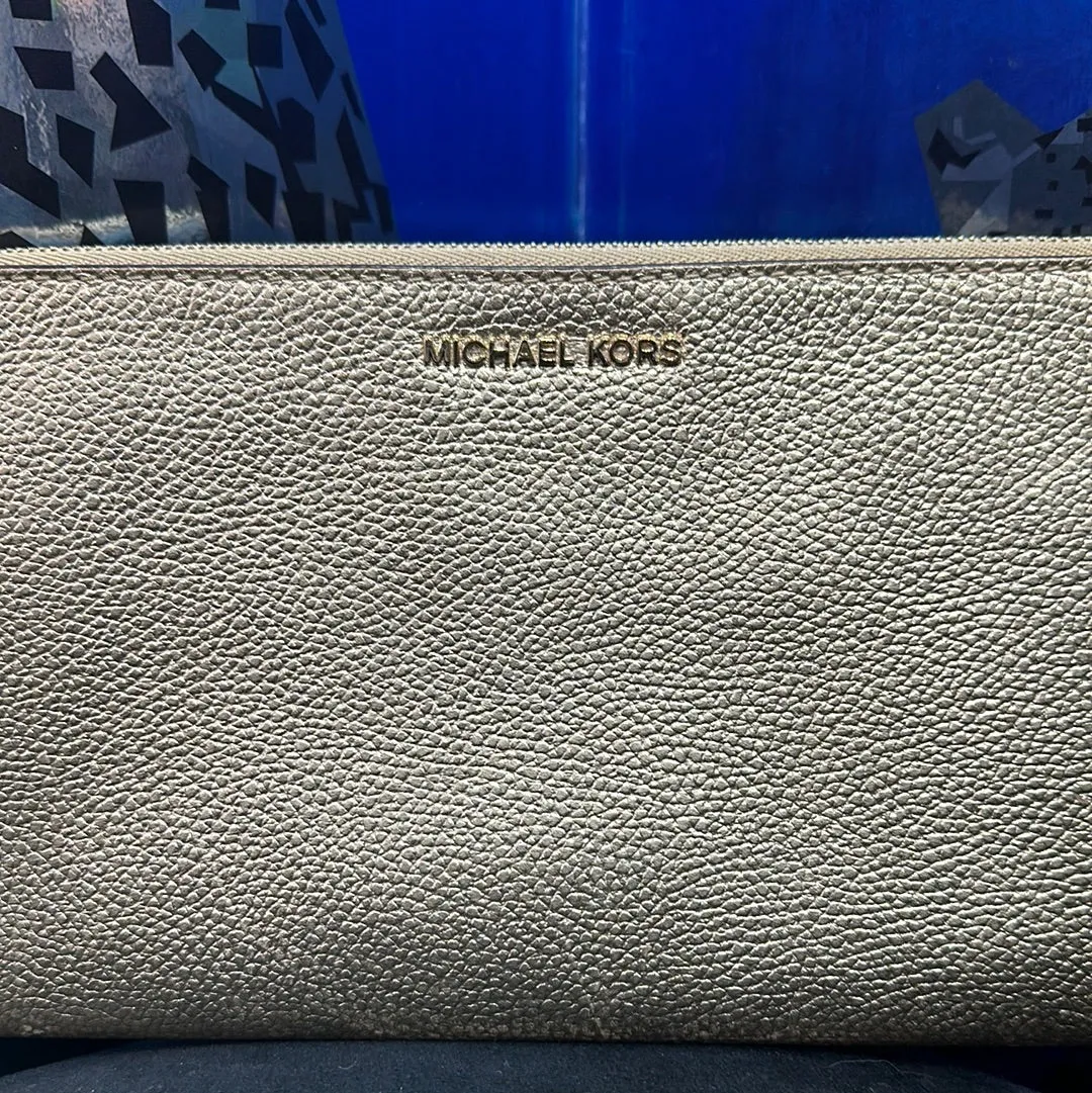 Michael Kors Gold Leather Top Zip Wristlet Pouch
