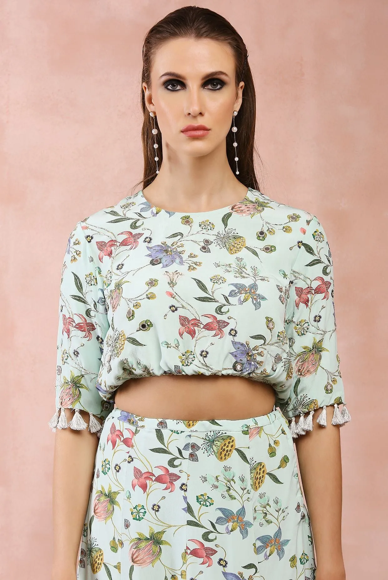 MINT NARGIS PRINT EMBROIDERED BALLOON TOP WITH FRILL SKIRT