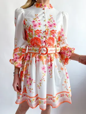 Mock Neck Floral Border Print Mini Dress