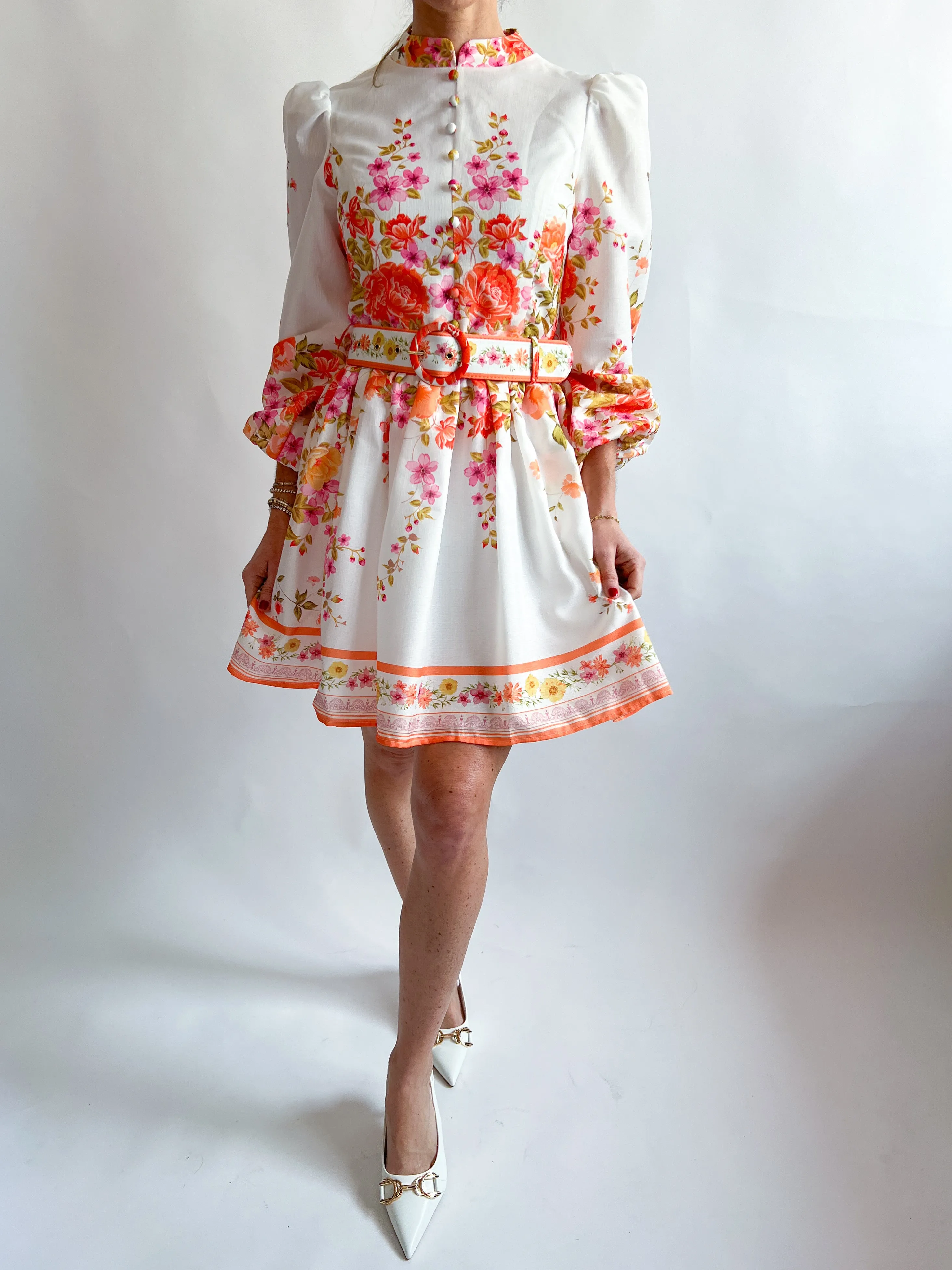 Mock Neck Floral Border Print Mini Dress