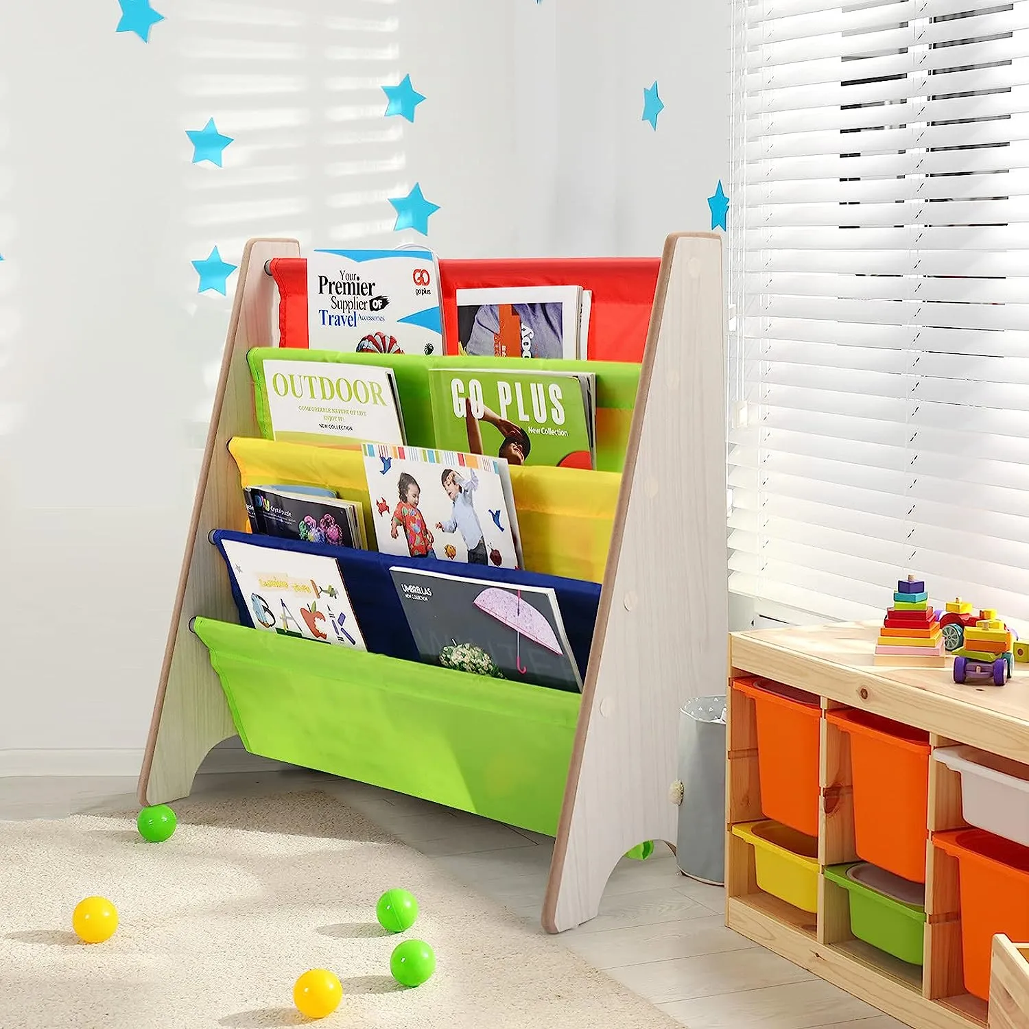Montessori 4 Tier Sling BookCase | Childrens Bookcase | Kids Bookshelf | 2 Colours