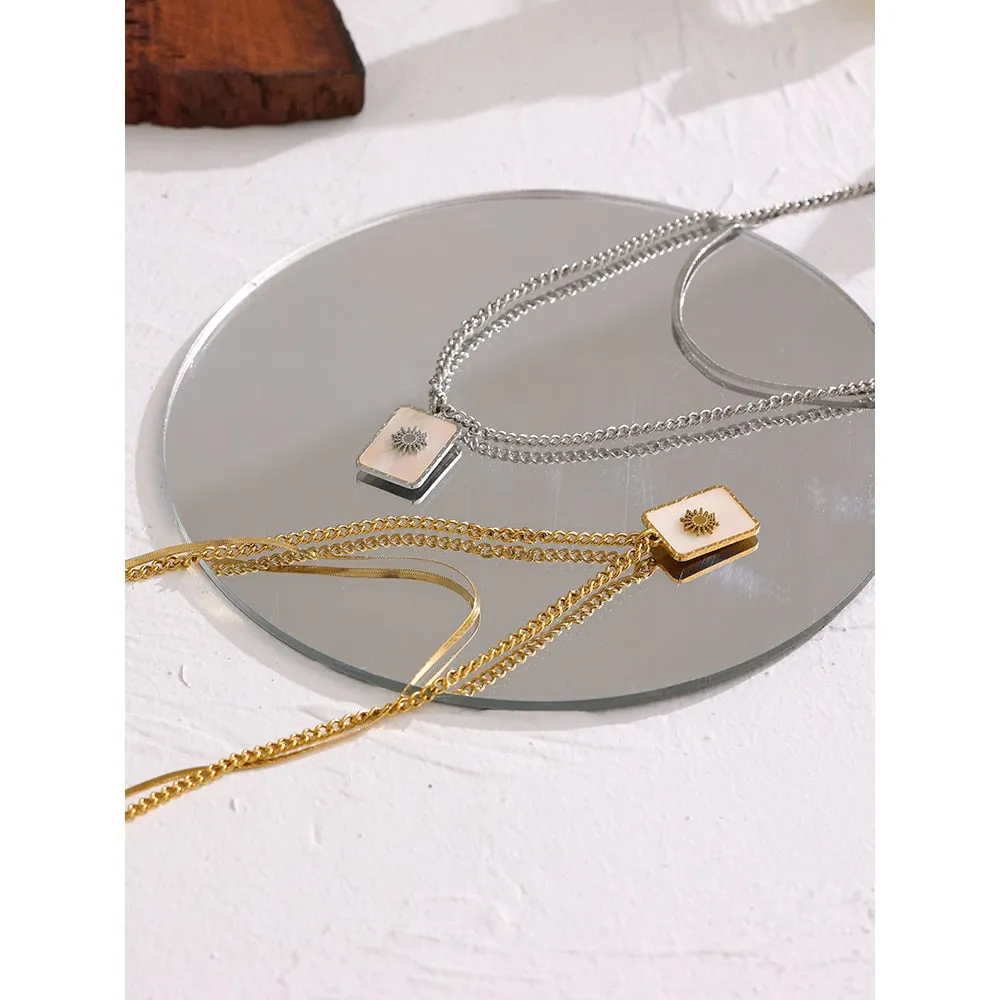 Mother of Pearl Sun Pendant Layered Necklace Silver