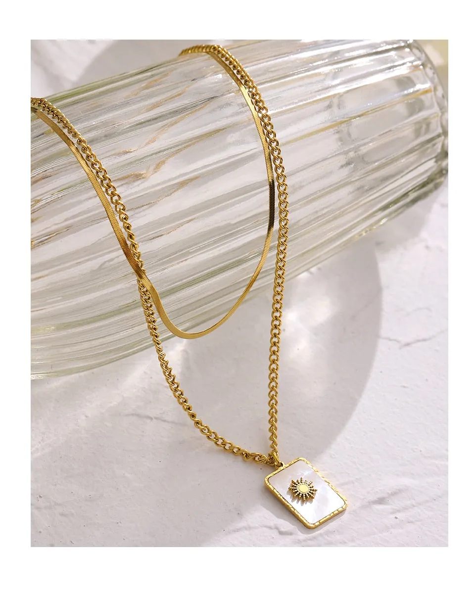 Mother of Pearl Sun Pendant Layered Necklace Silver