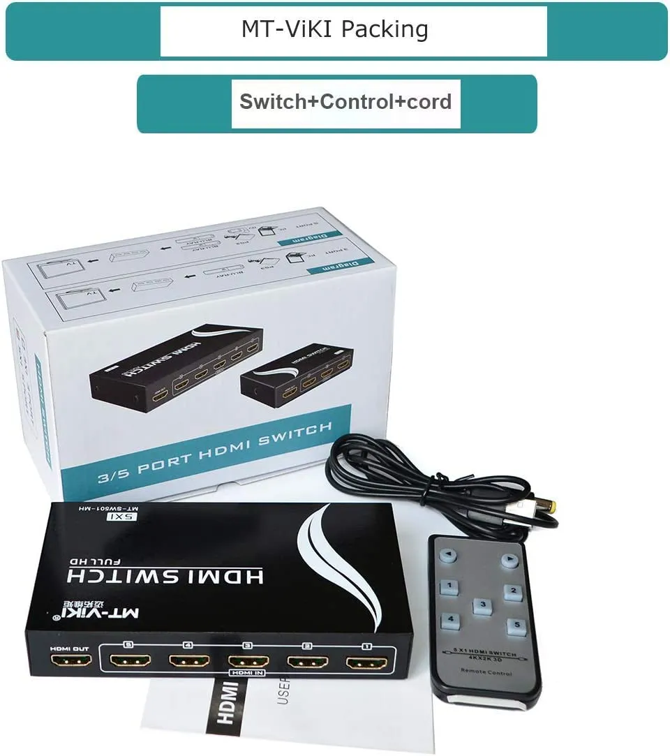 MT-VIKI HDMI Switch 5 in, 1 Out w/ IR Remote Control, 4K@30Hz, compatible with Xbox, Nintendo, PS5, PS4 consoles, TV FireStick & Roku
