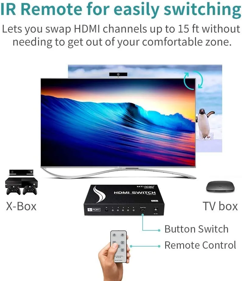 MT-VIKI HDMI Switch 5 in, 1 Out w/ IR Remote Control, 4K@30Hz, compatible with Xbox, Nintendo, PS5, PS4 consoles, TV FireStick & Roku