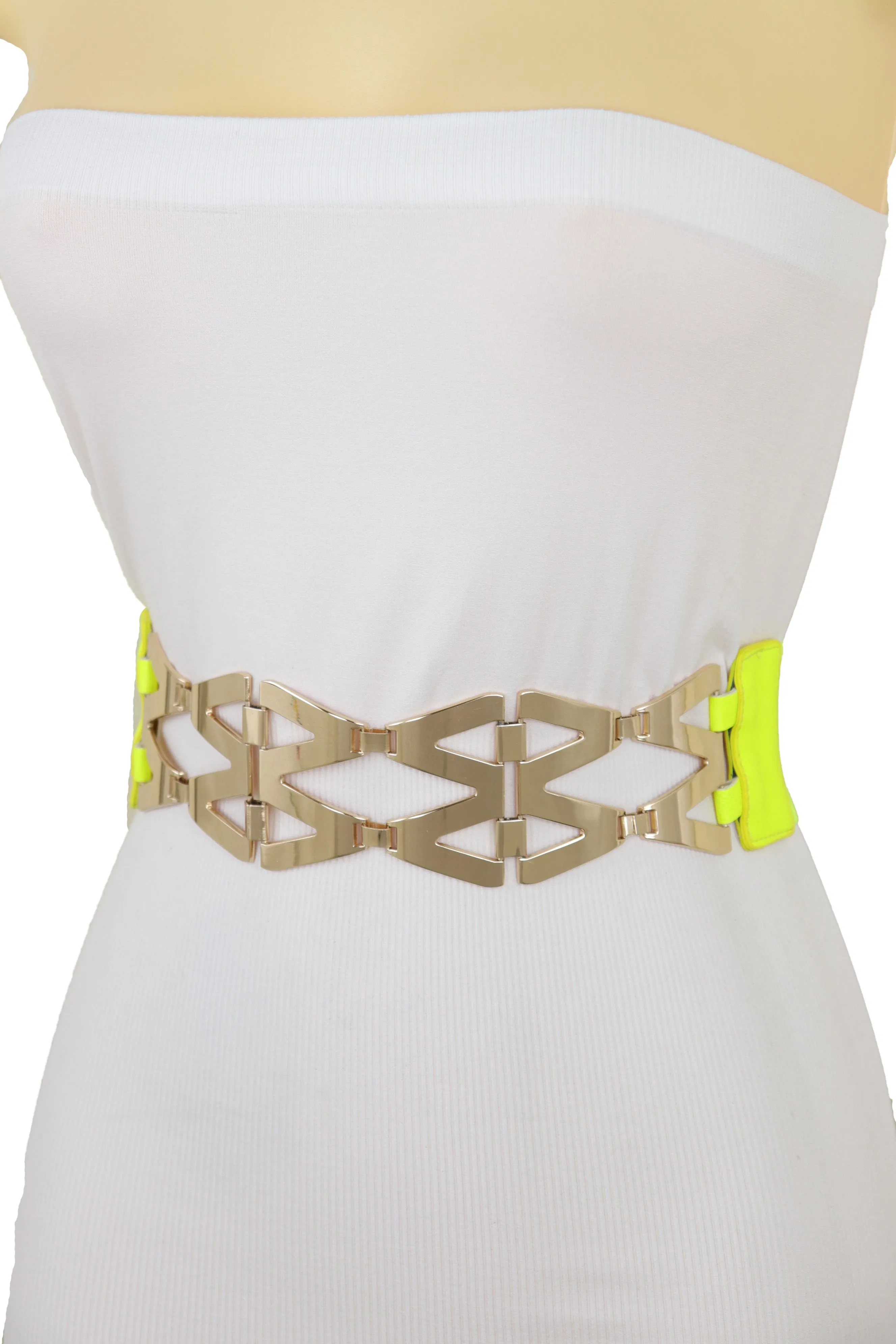 Neon Yellow Wide Elastic Waistband Fashion Belt Gold Metal XX Links S M