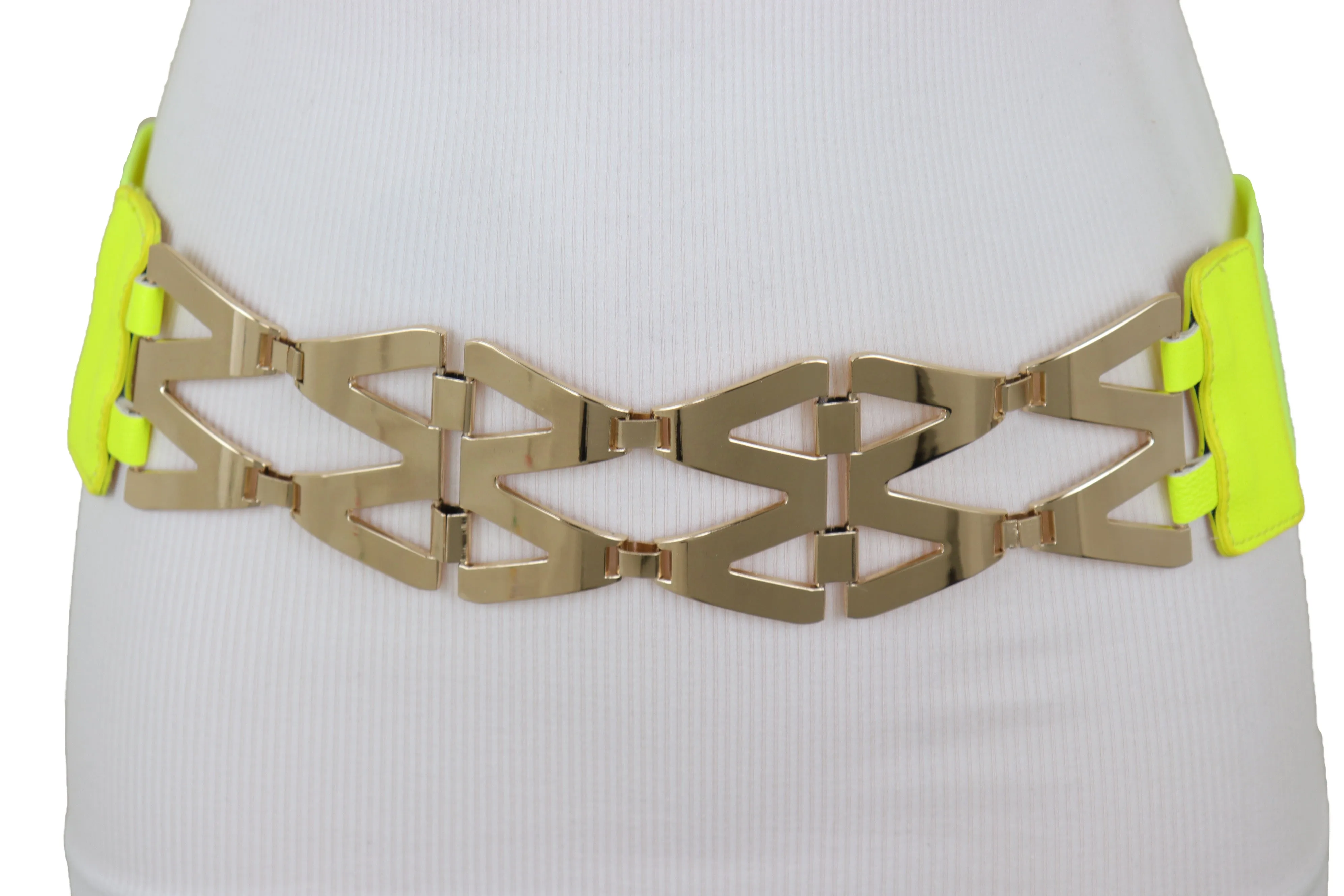 Neon Yellow Wide Elastic Waistband Fashion Belt Gold Metal XX Links S M
