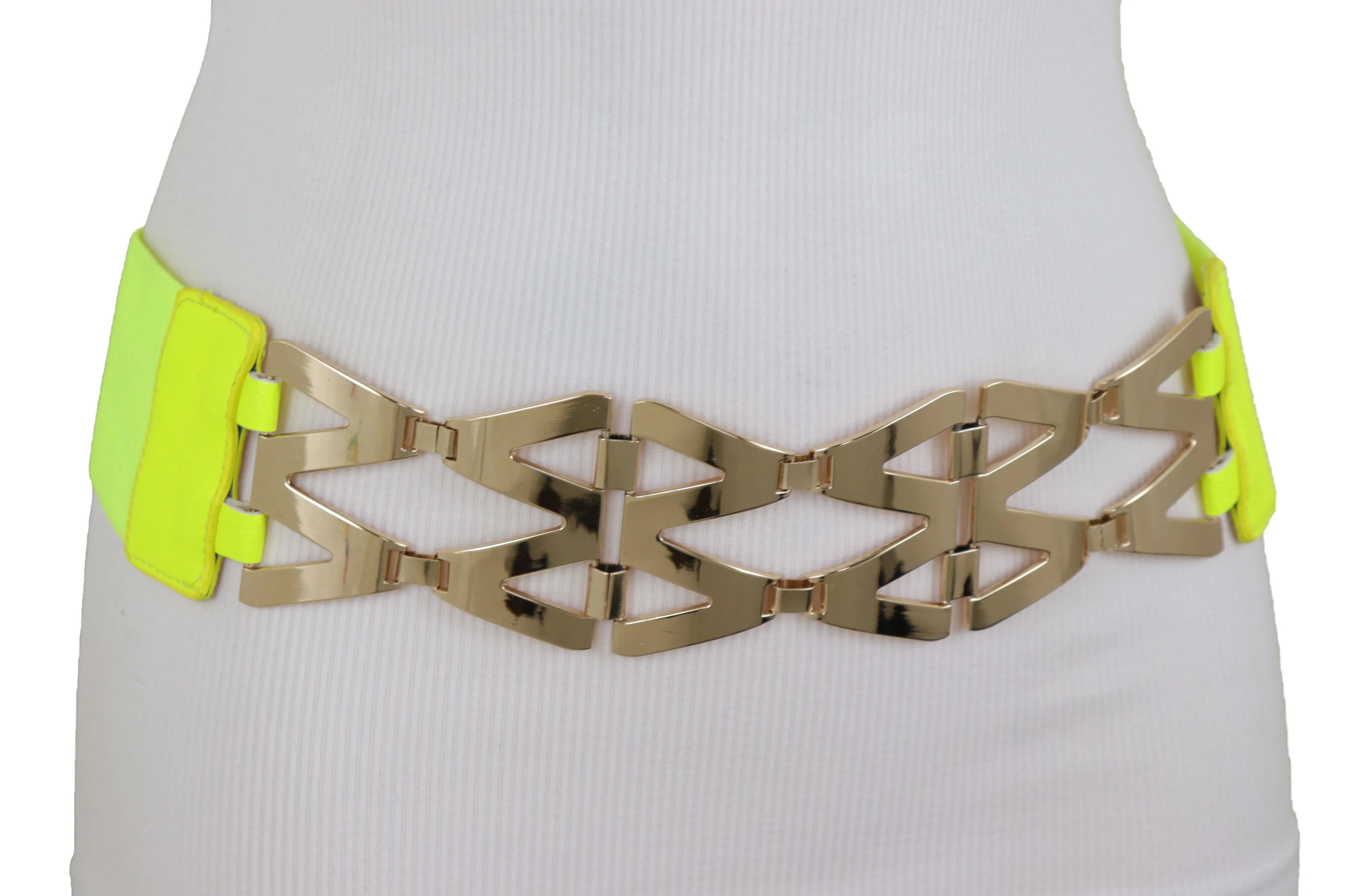 Neon Yellow Wide Elastic Waistband Fashion Belt Gold Metal XX Links S M