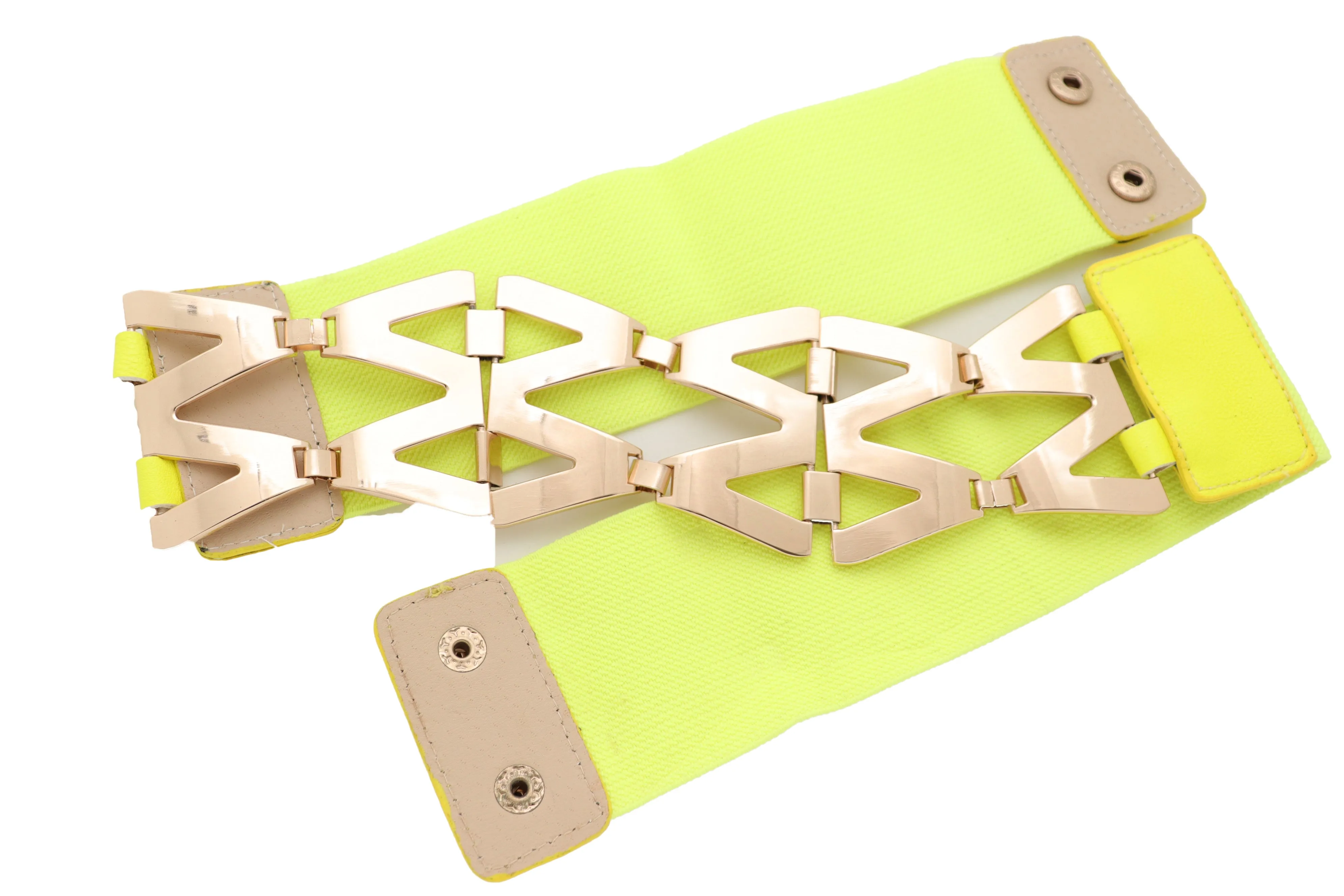 Neon Yellow Wide Elastic Waistband Fashion Belt Gold Metal XX Links S M
