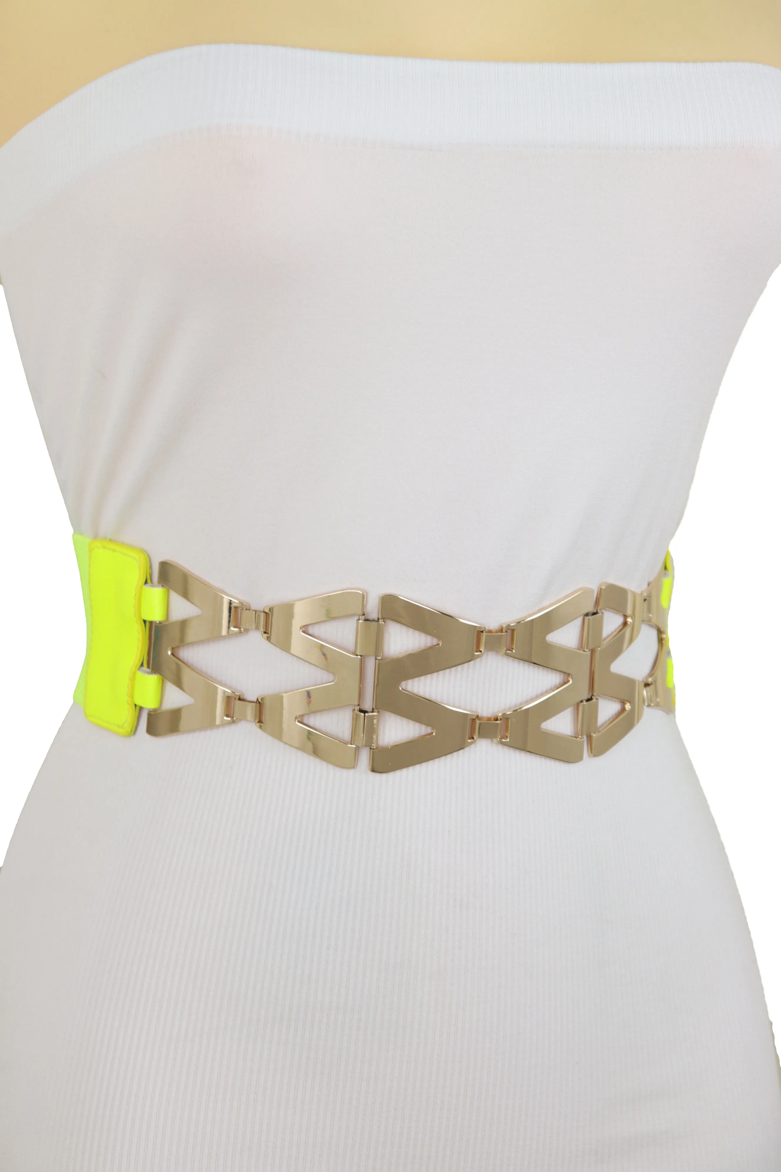 Neon Yellow Wide Elastic Waistband Fashion Belt Gold Metal XX Links S M