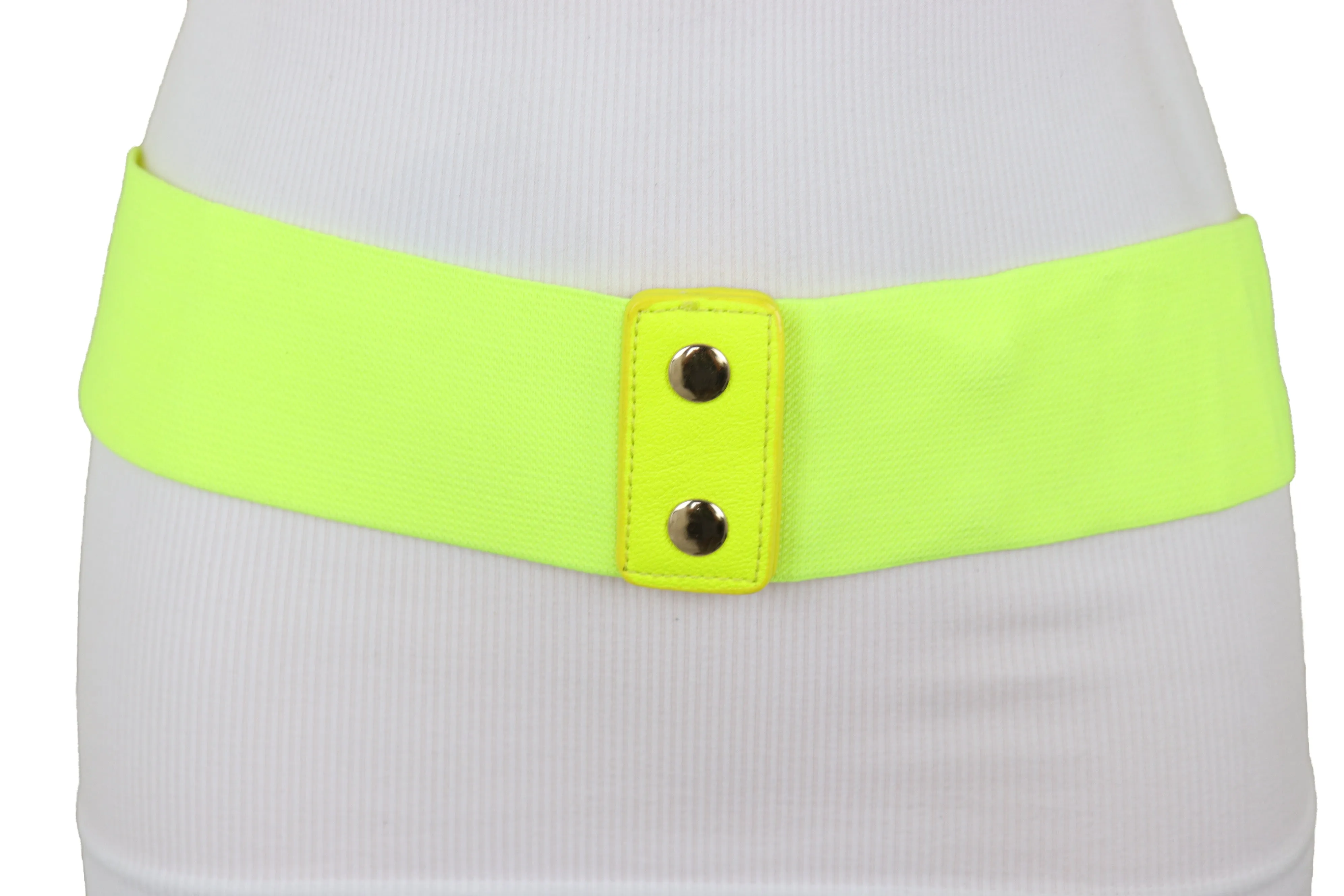 Neon Yellow Wide Elastic Waistband Fashion Belt Gold Metal XX Links S M
