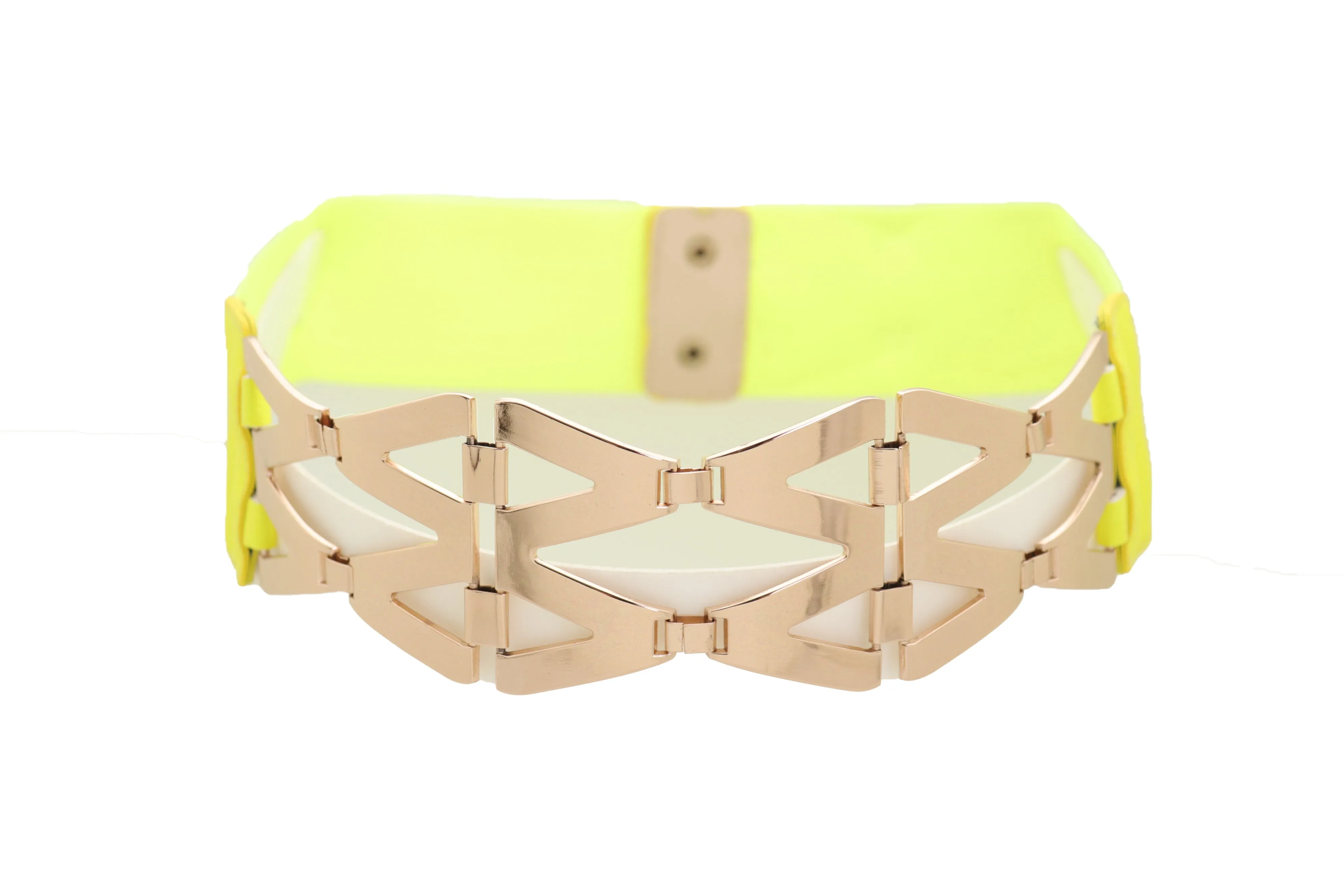 Neon Yellow Wide Elastic Waistband Fashion Belt Gold Metal XX Links S M