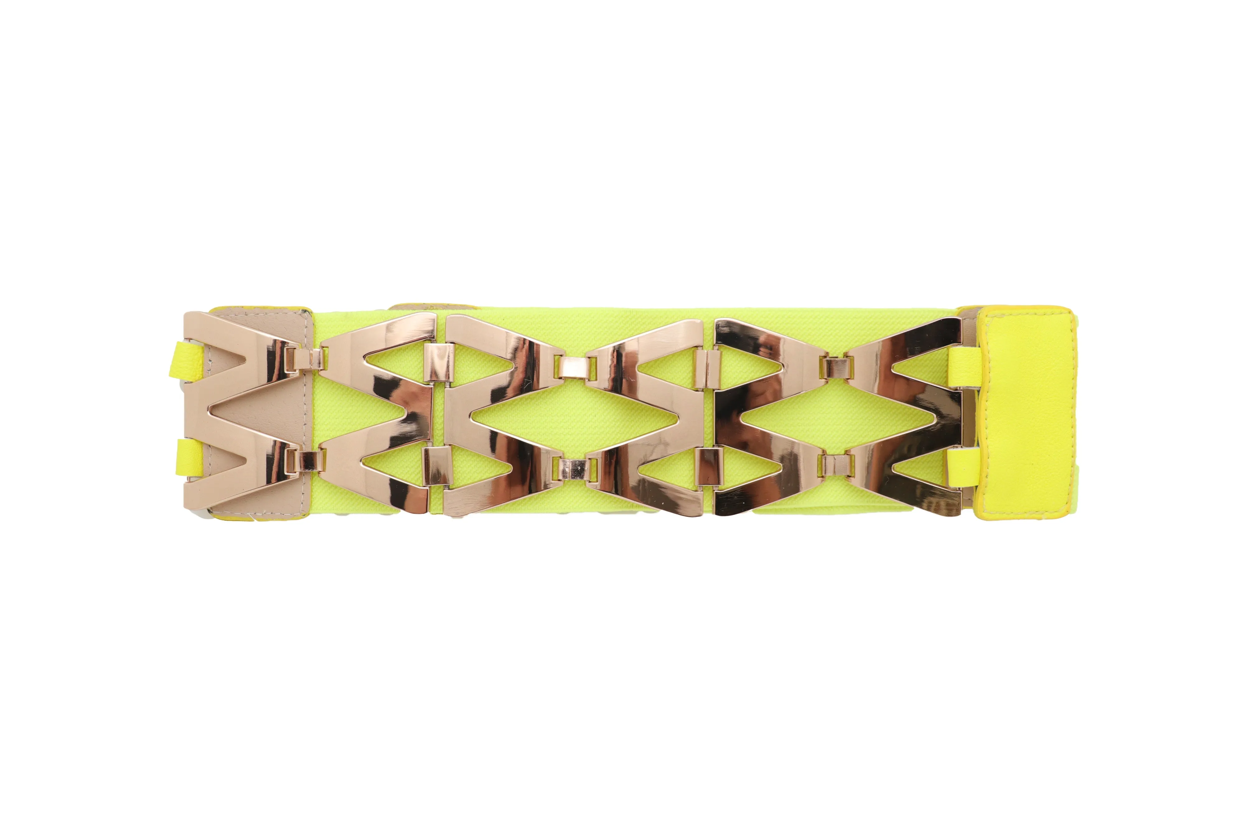 Neon Yellow Wide Elastic Waistband Fashion Belt Gold Metal XX Links S M