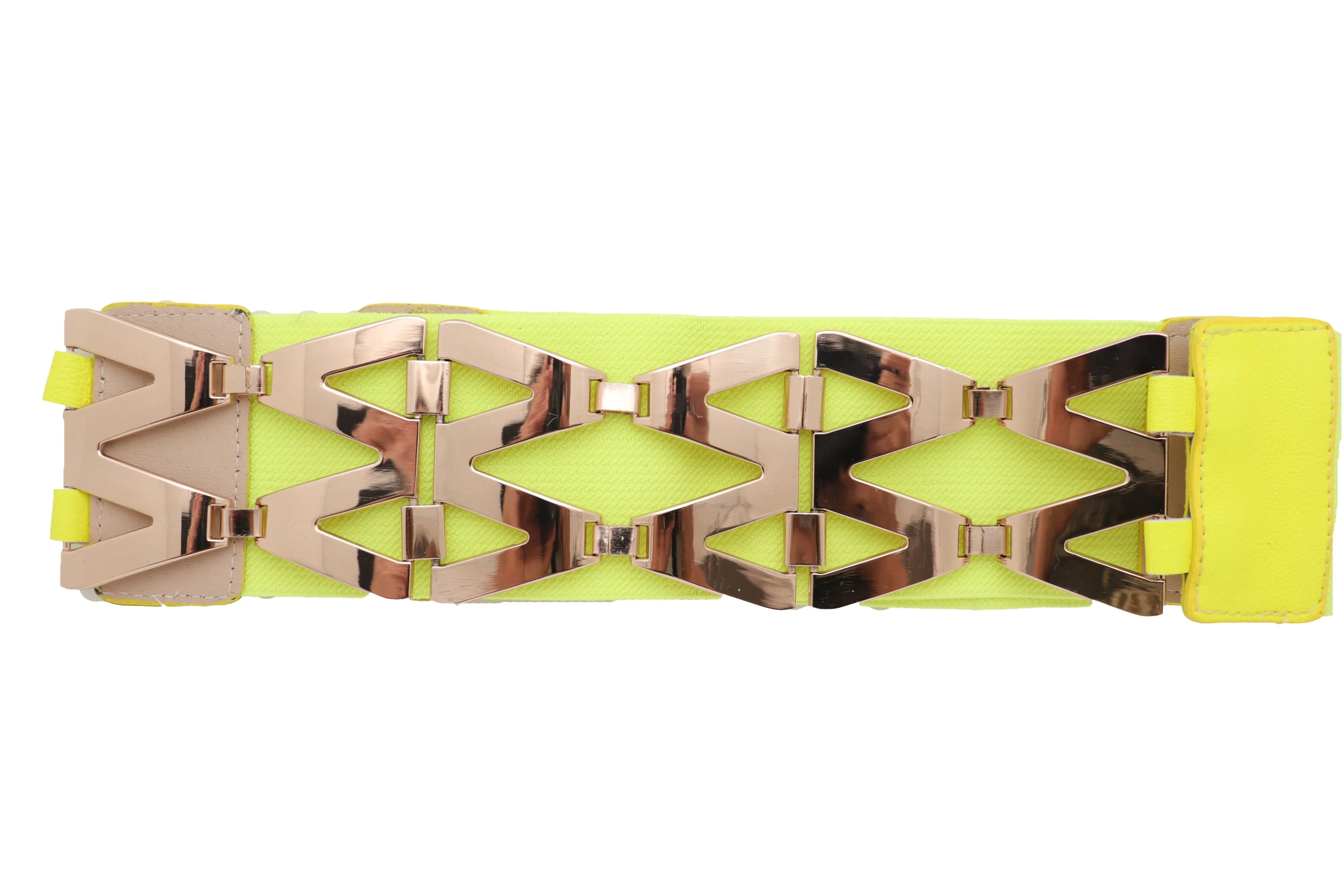 Neon Yellow Wide Elastic Waistband Fashion Belt Gold Metal XX Links S M