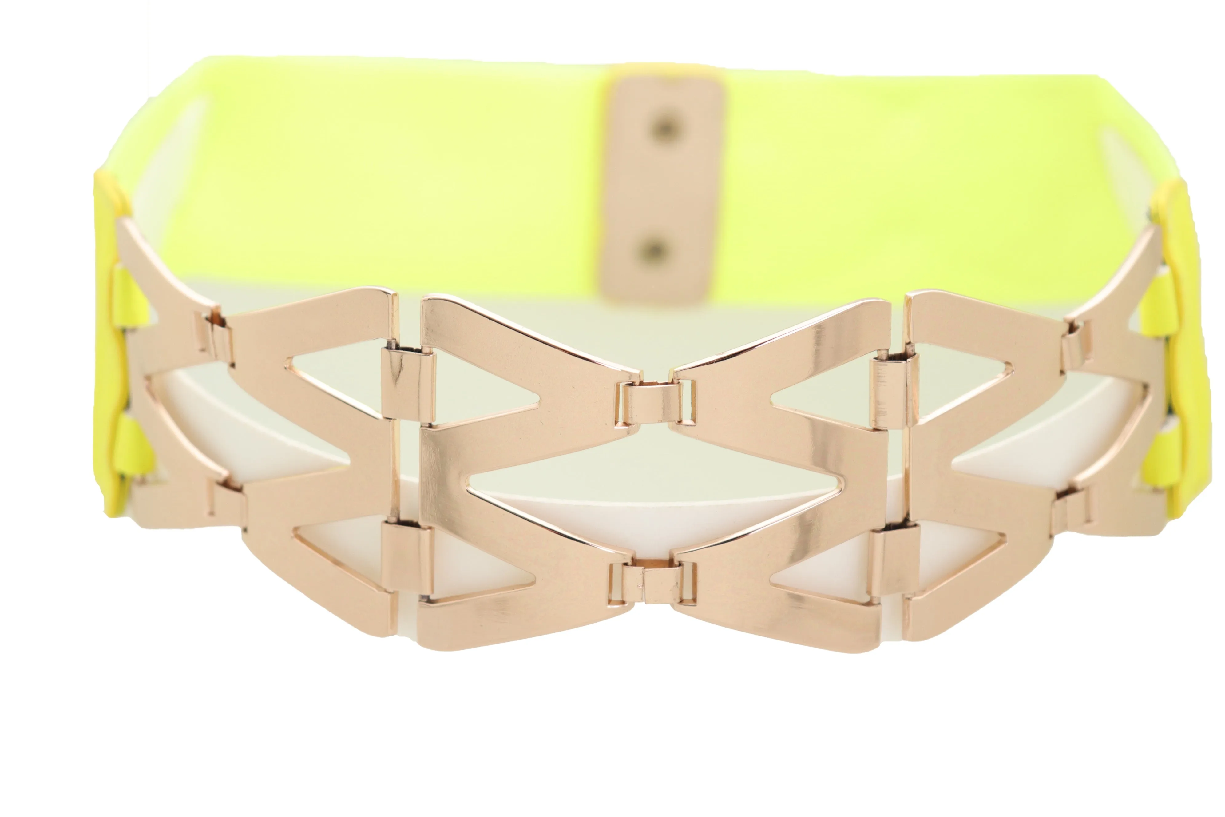 Neon Yellow Wide Elastic Waistband Fashion Belt Gold Metal XX Links S M