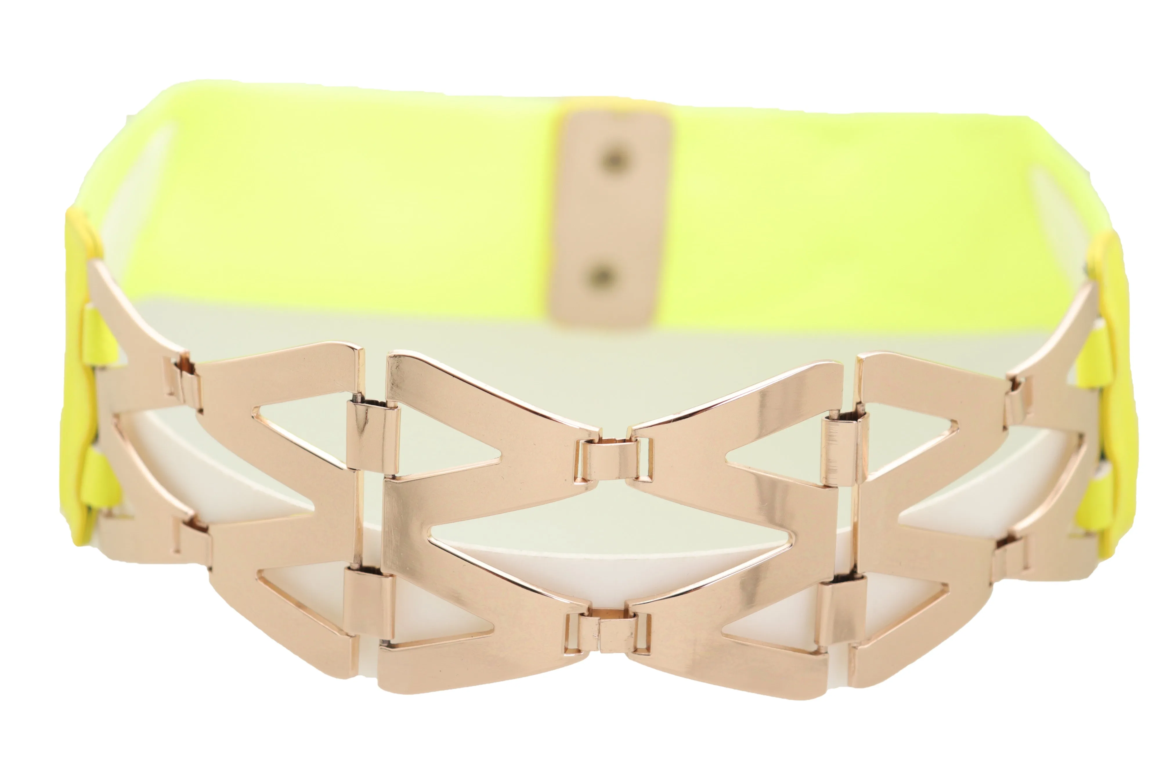 Neon Yellow Wide Elastic Waistband Fashion Belt Gold Metal XX Links S M