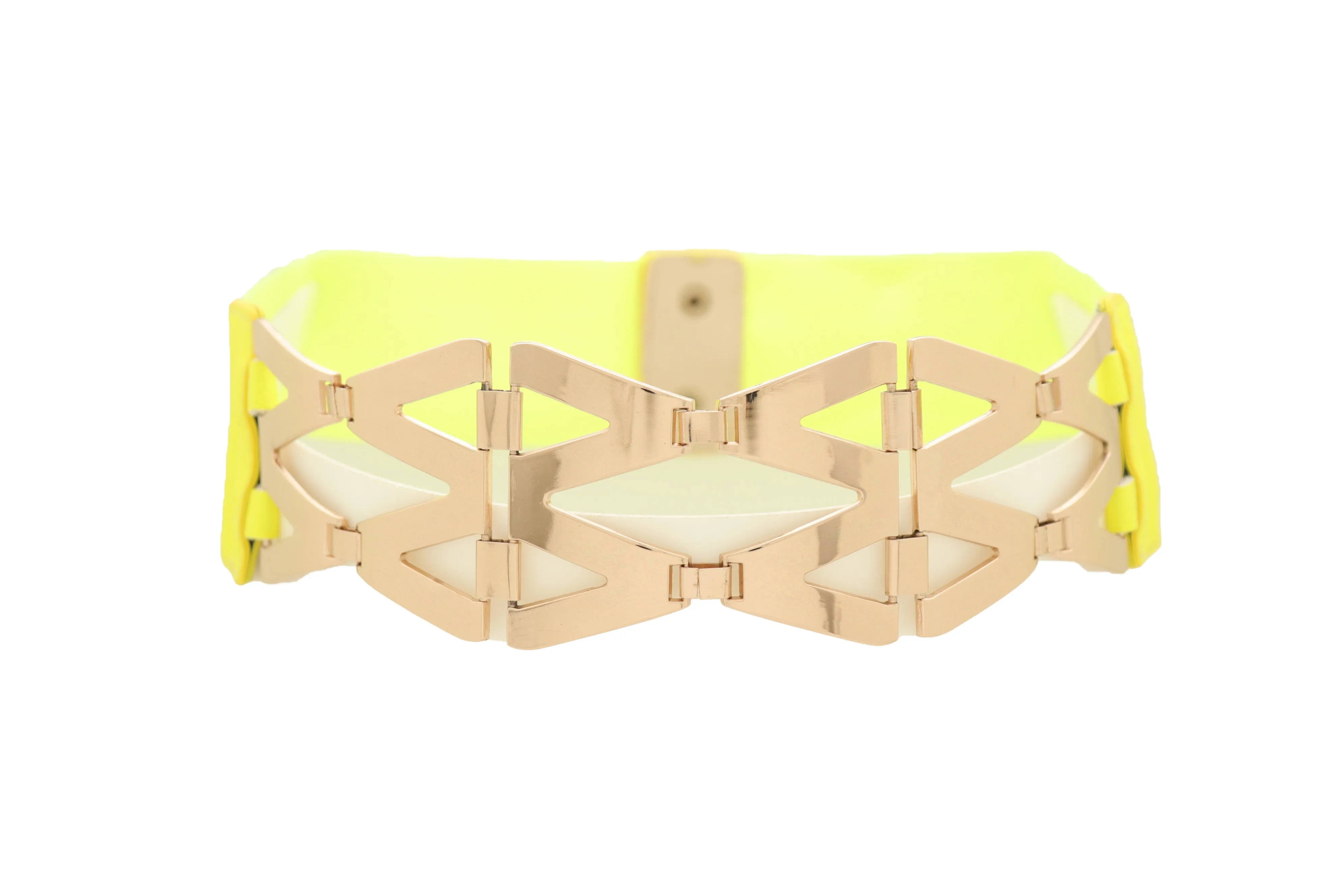 Neon Yellow Wide Elastic Waistband Fashion Belt Gold Metal XX Links S M