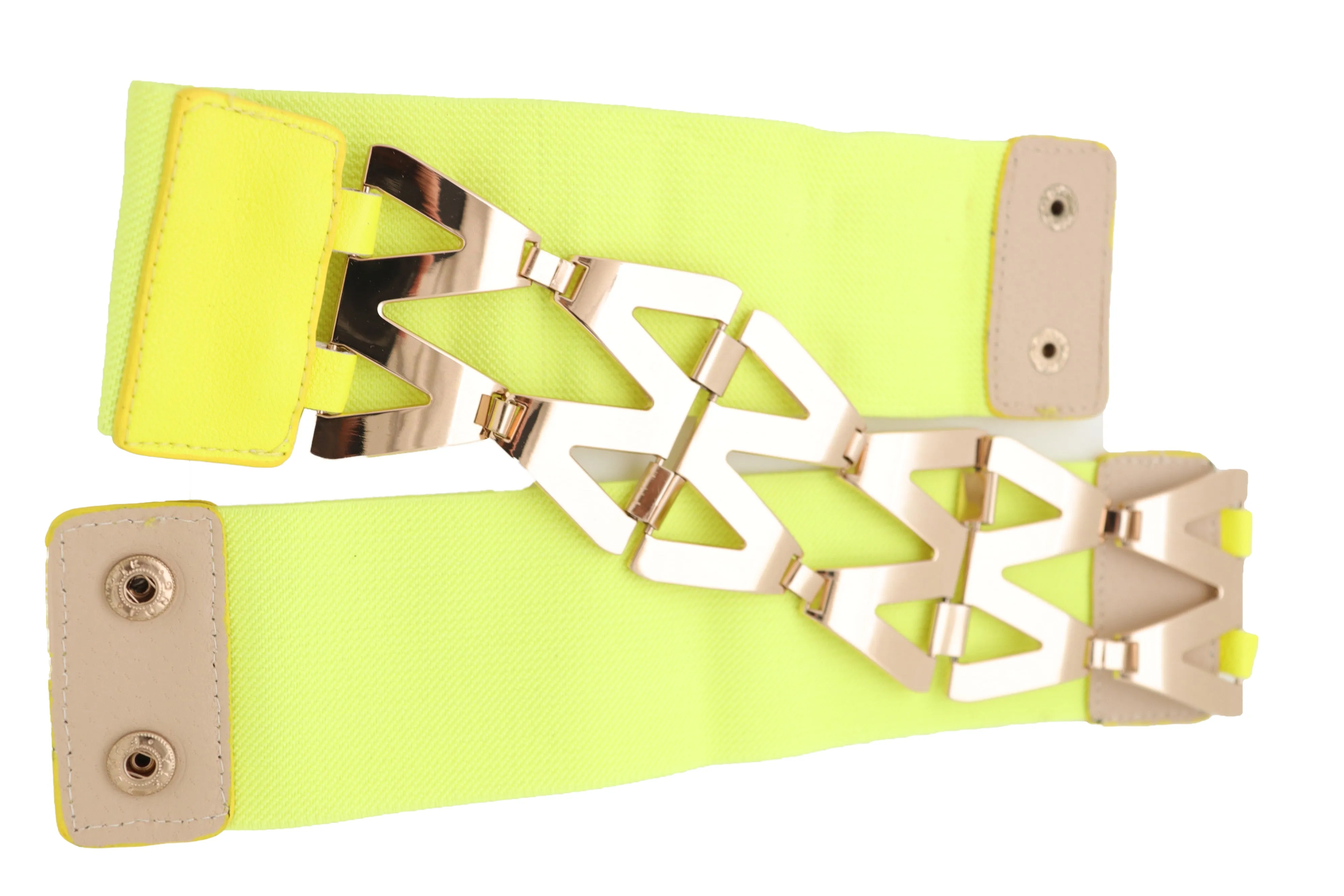 Neon Yellow Wide Elastic Waistband Fashion Belt Gold Metal XX Links S M