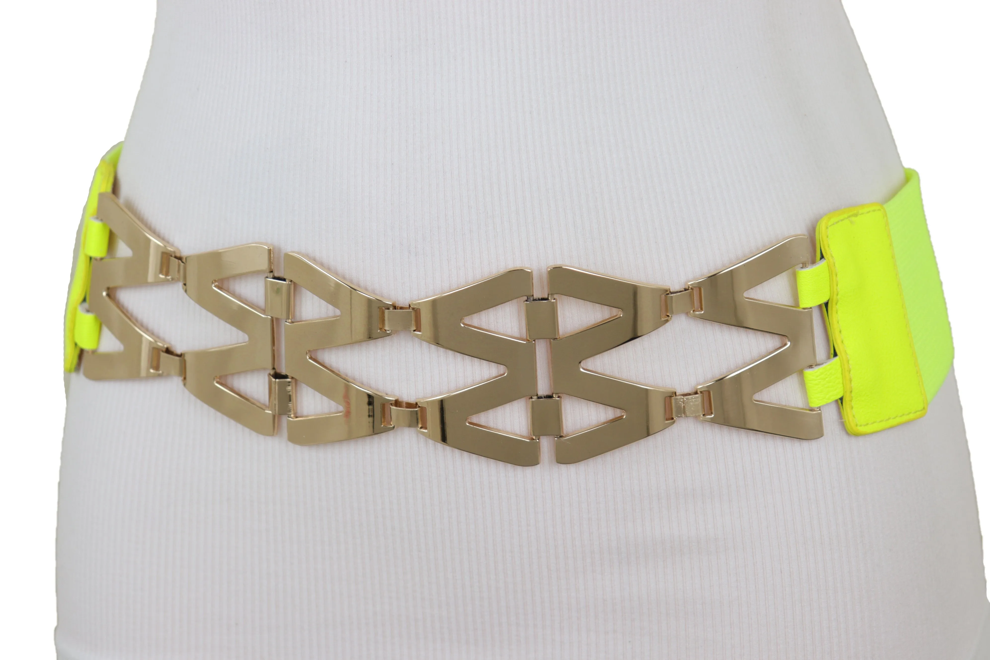 Neon Yellow Wide Elastic Waistband Fashion Belt Gold Metal XX Links S M