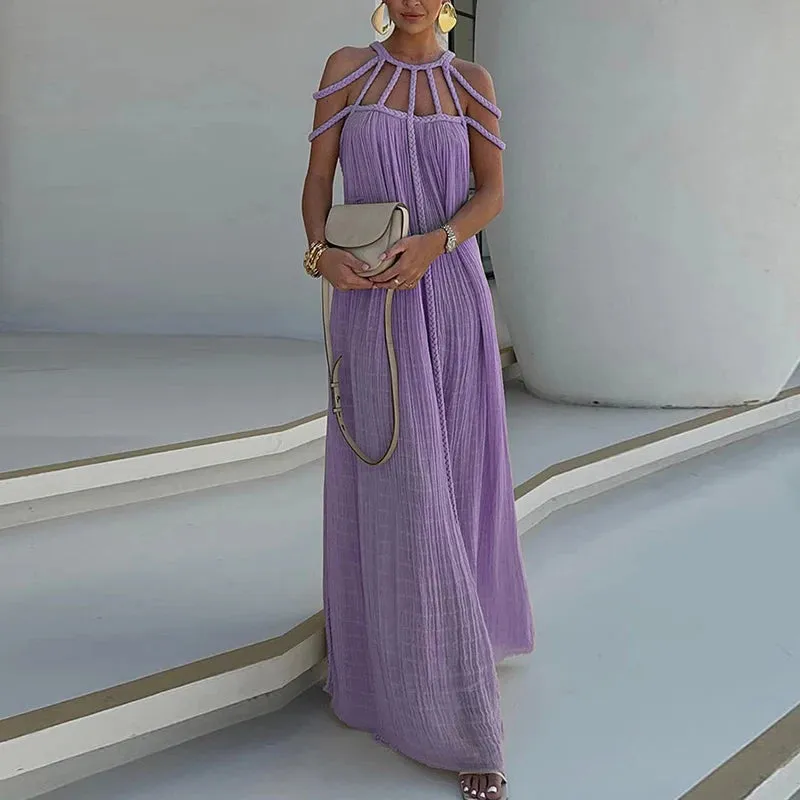 New Casual Solid Color Long Dress Sexy Hollow Out Backless Loose Dress Summer Twist Sling Holiday Beach Dress