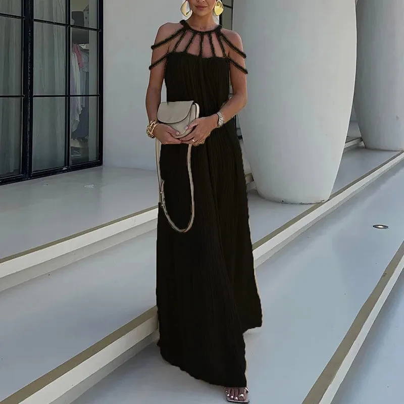 New Casual Solid Color Long Dress Sexy Hollow Out Backless Loose Dress Summer Twist Sling Holiday Beach Dress