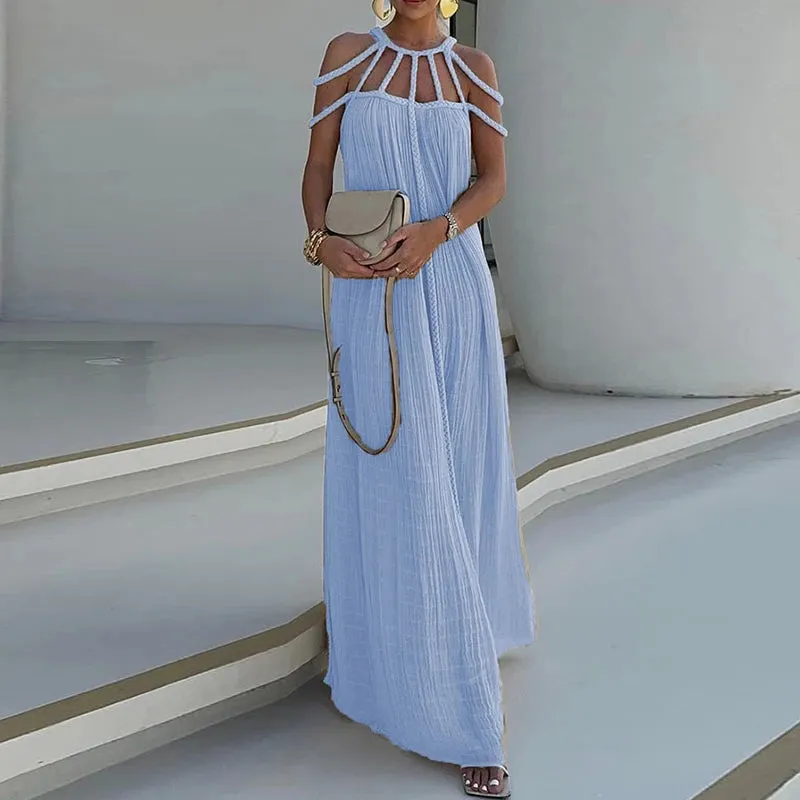 New Casual Solid Color Long Dress Sexy Hollow Out Backless Loose Dress Summer Twist Sling Holiday Beach Dress