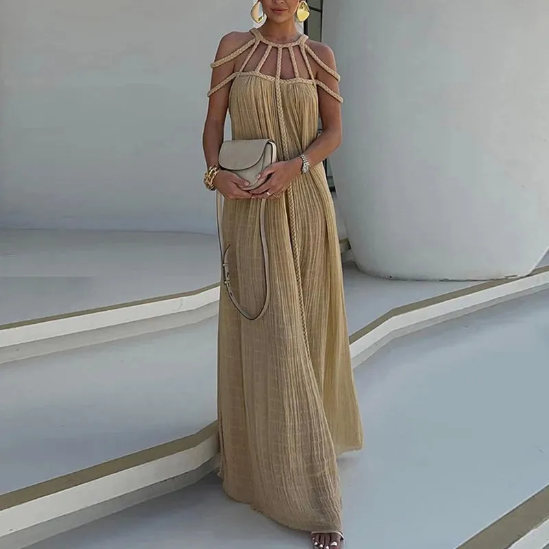 New Casual Solid Color Long Dress Sexy Hollow Out Backless Loose Dress Summer Twist Sling Holiday Beach Dress