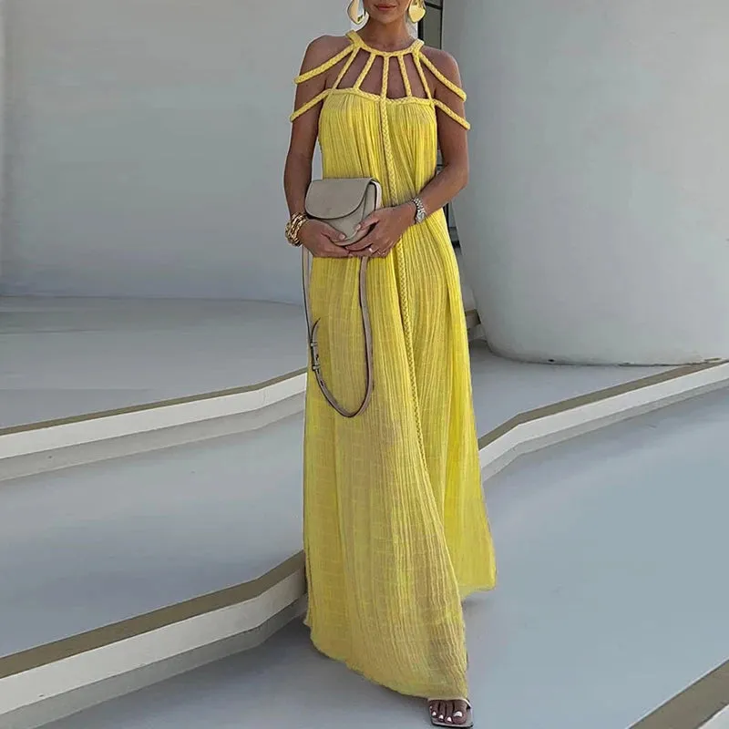 New Casual Solid Color Long Dress Sexy Hollow Out Backless Loose Dress Summer Twist Sling Holiday Beach Dress