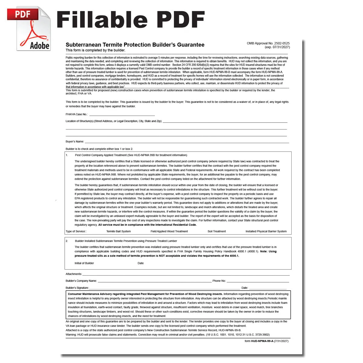 New HUD NPMA 99A Revised in July 2024 in Fillable PDF