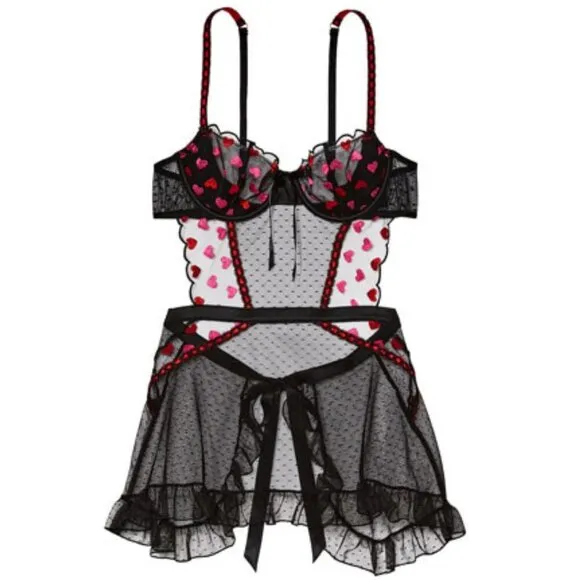 New! Victoria's Secret Heart Cupid Lace Wicked Apron Babydoll Slip 22846