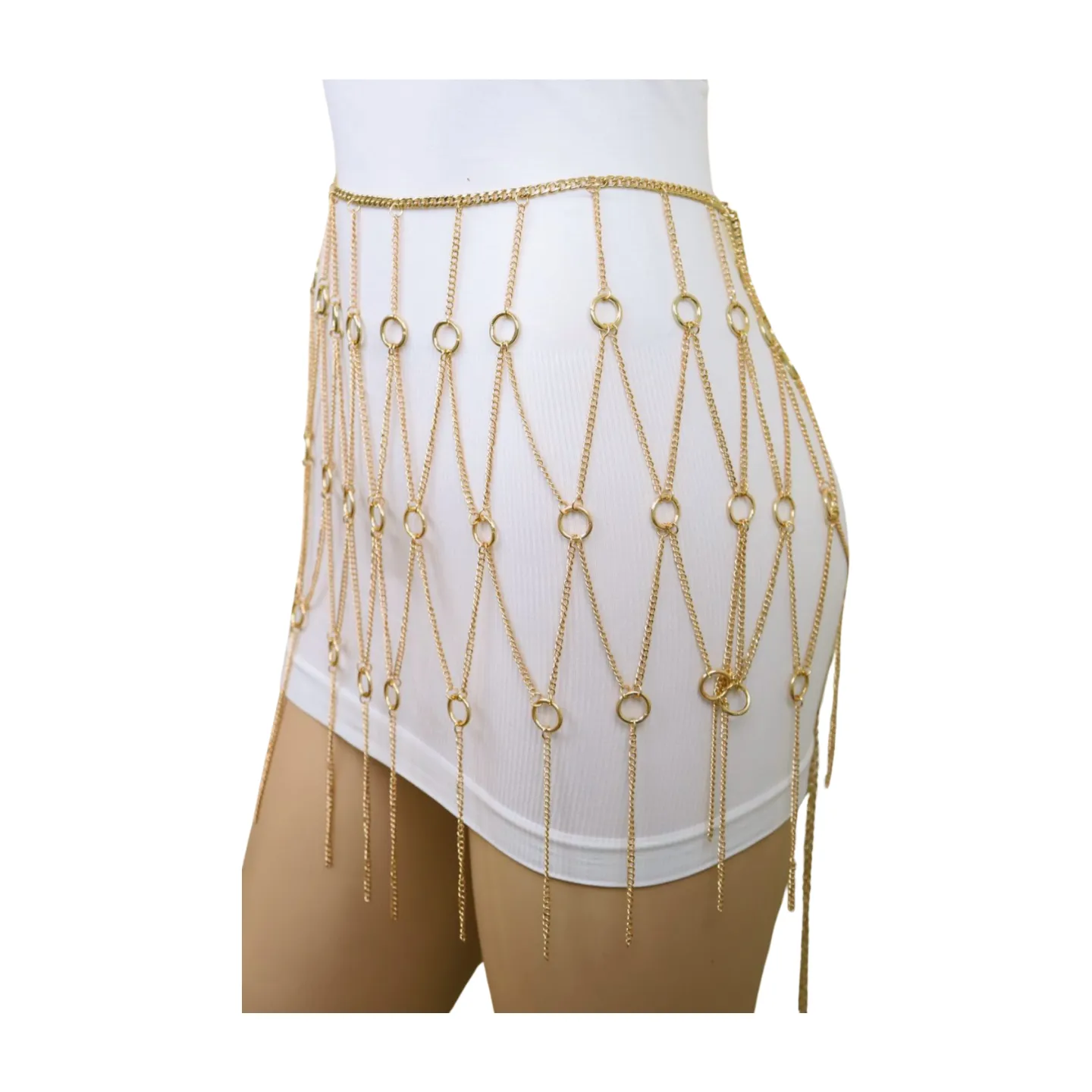New Women Gold Metal Chain Circle Rings Skirt Belt High Waist Size S M