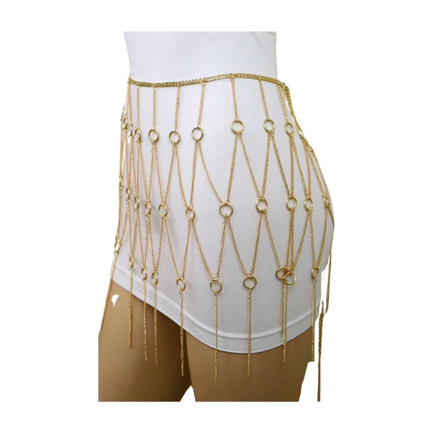 New Women Gold Metal Chain Circle Rings Skirt Belt High Waist Size S M
