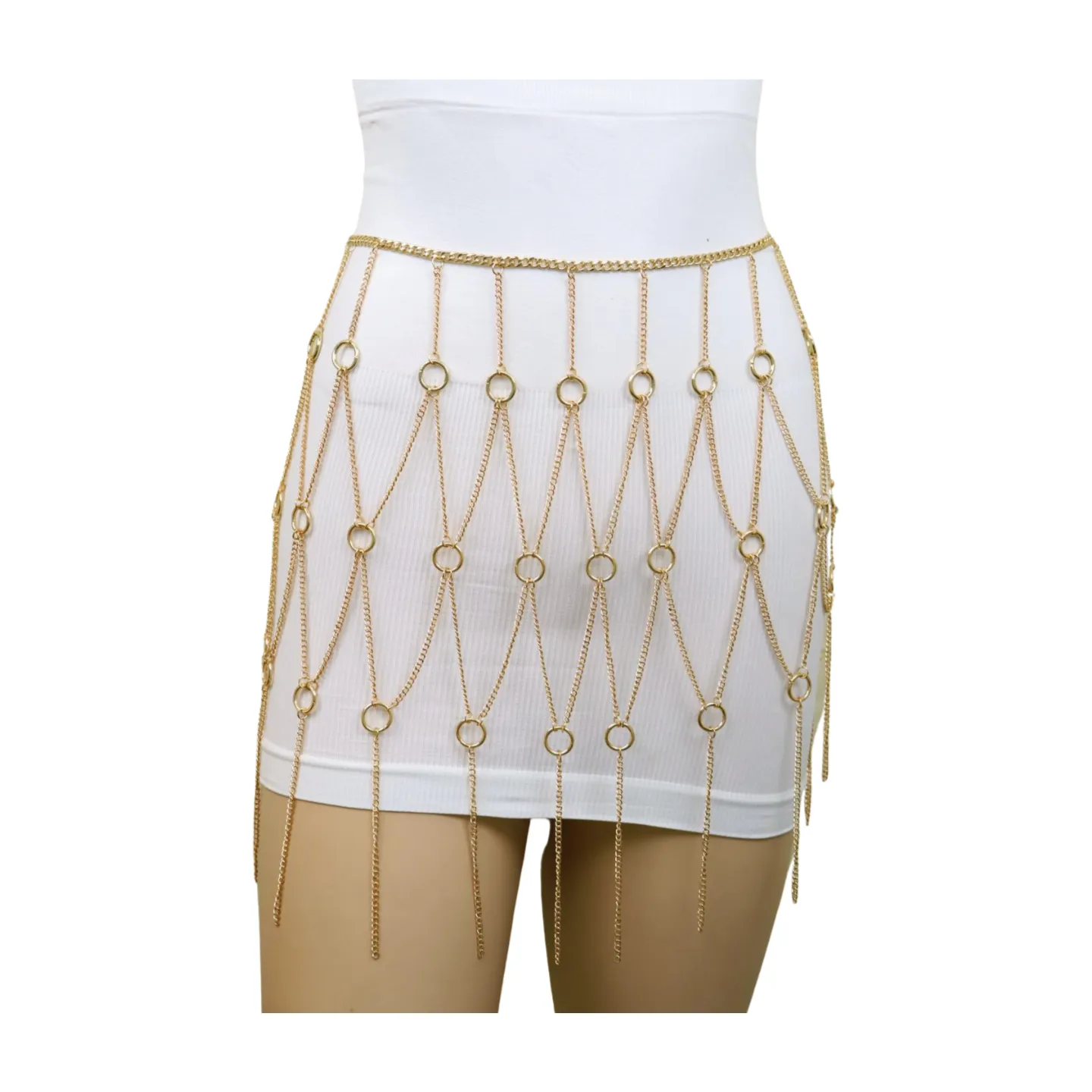New Women Gold Metal Chain Circle Rings Skirt Belt High Waist Size S M