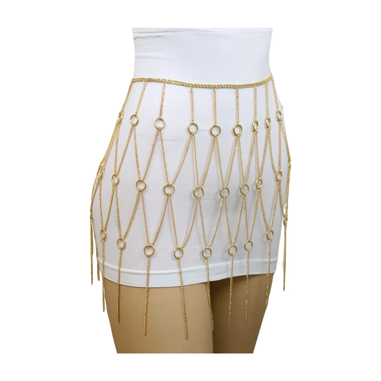 New Women Gold Metal Chain Circle Rings Skirt Belt High Waist Size S M