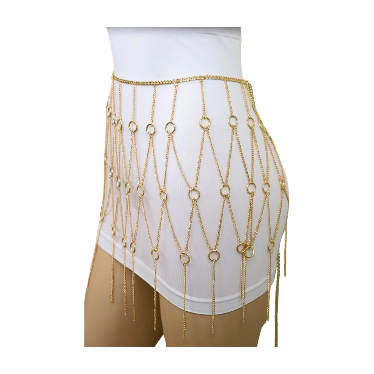 New Women Gold Metal Chain Circle Rings Skirt Belt High Waist Size S M