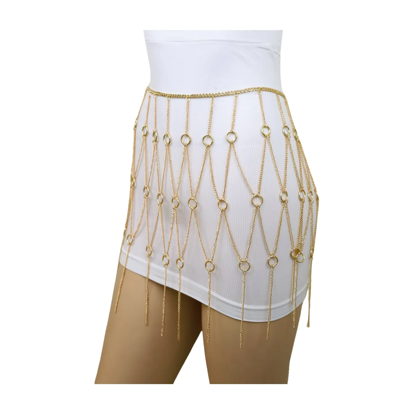 New Women Gold Metal Chain Circle Rings Skirt Belt High Waist Size S M