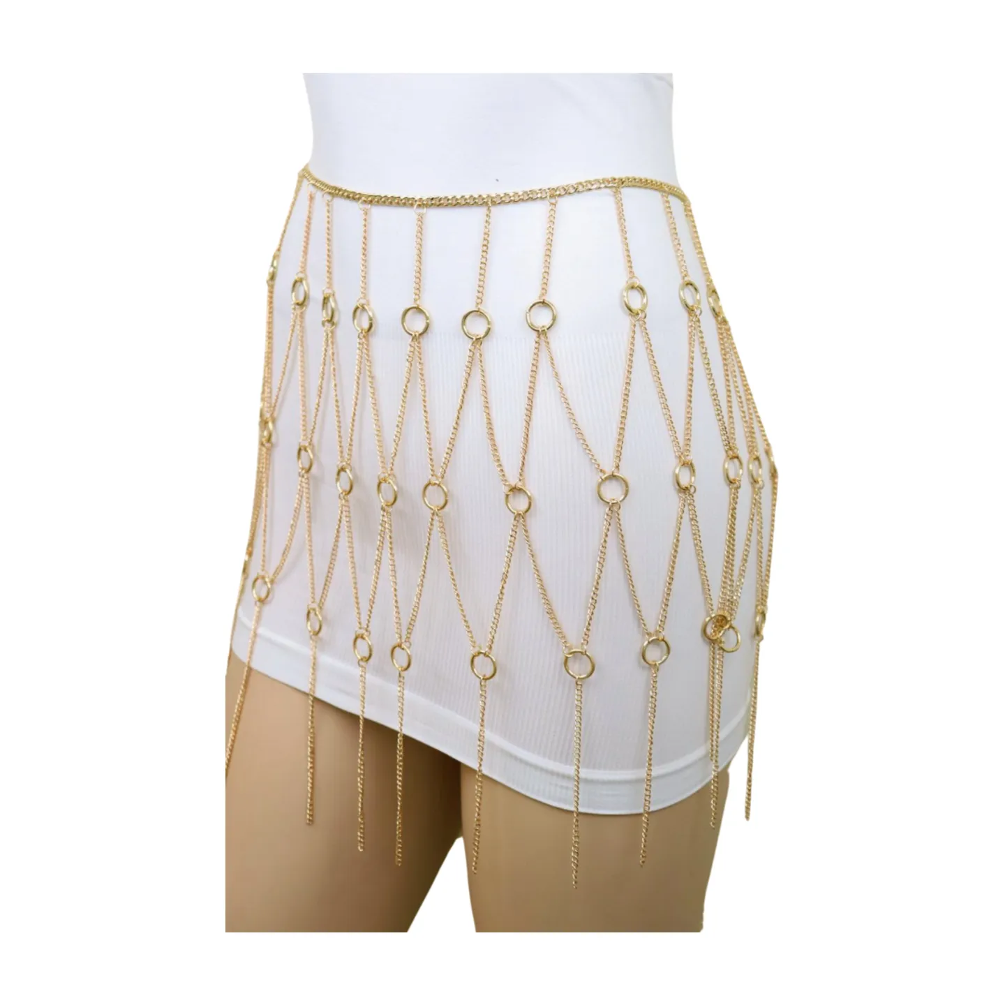 New Women Gold Metal Chain Circle Rings Skirt Belt High Waist Size S M