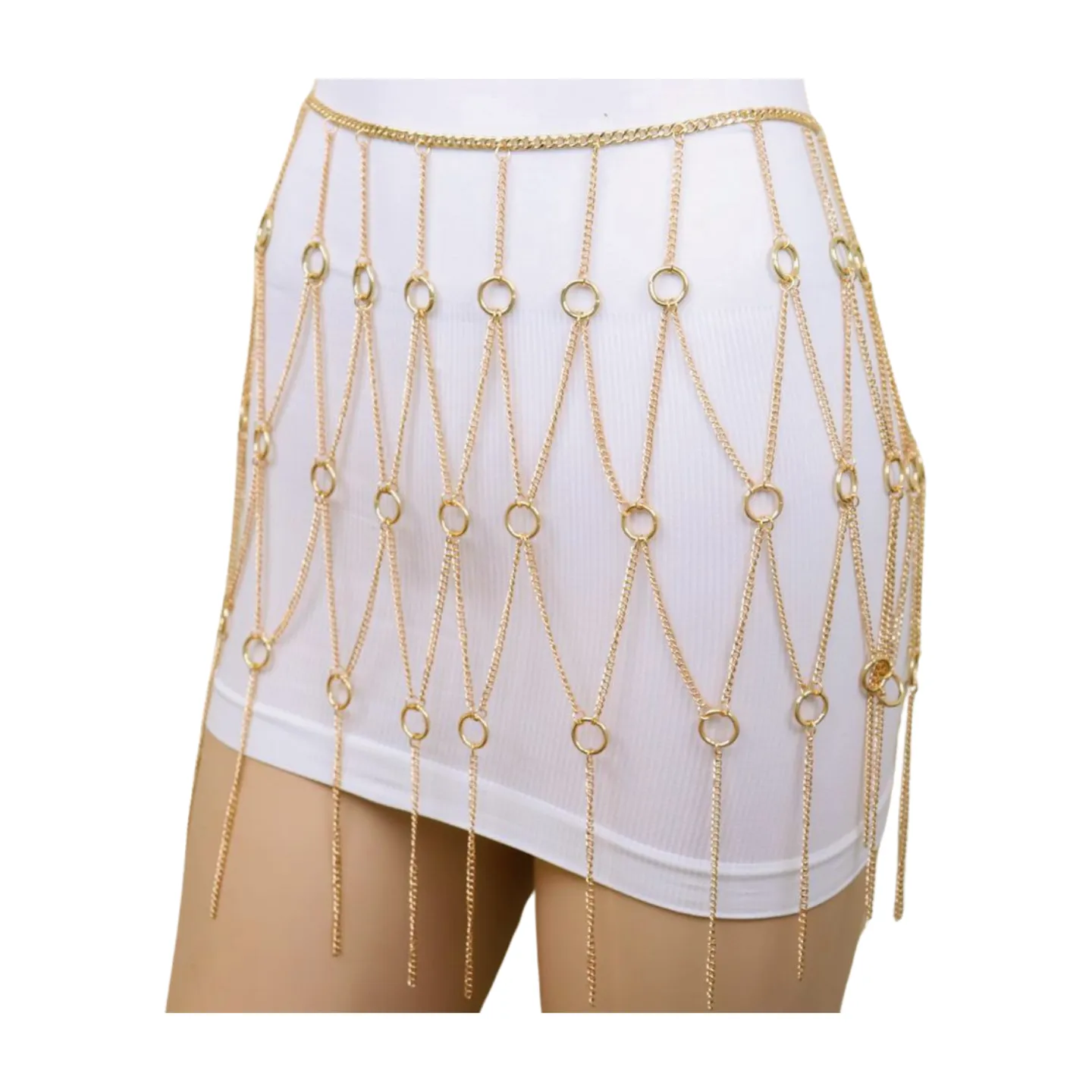 New Women Gold Metal Chain Circle Rings Skirt Belt High Waist Size S M
